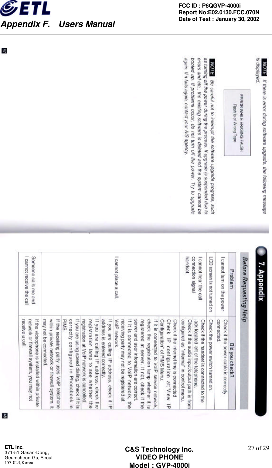    Appendix F.  Users Manual ETL Inc.  371-51 Gasan-Dong, Geumcheon-Gu, Seoul,   153-023,Korea    27 of 29FCC ID : P6QGVP-4000i Report No:E02.0130.FCC.070N   Date of Test : January 30, 2002 C&amp;S Technology Inc. VIDEO PHONE Model : GVP-4000i     