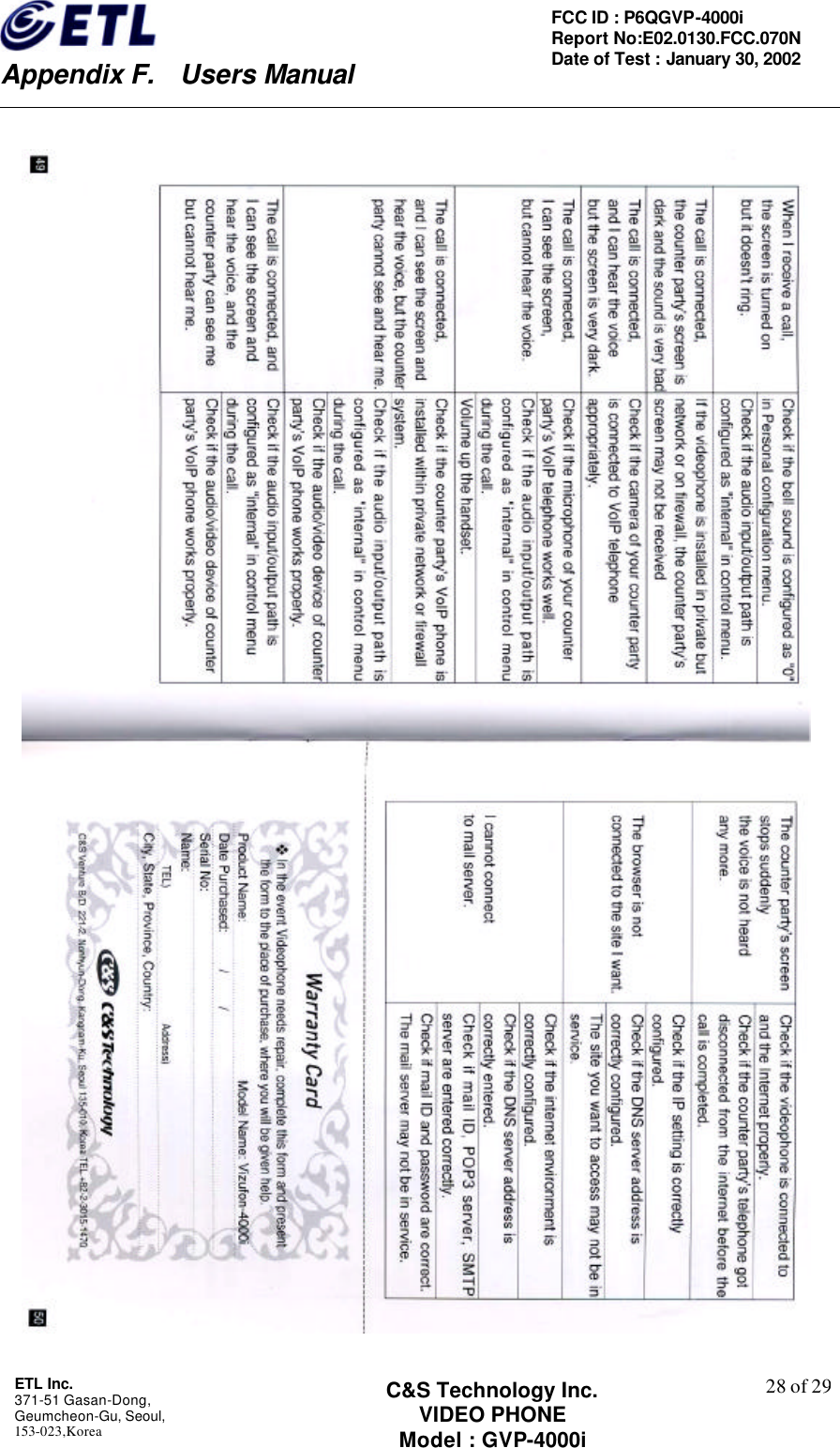    Appendix F.  Users Manual ETL Inc.  371-51 Gasan-Dong, Geumcheon-Gu, Seoul,   153-023,Korea    28 of 29FCC ID : P6QGVP-4000i Report No:E02.0130.FCC.070N   Date of Test : January 30, 2002 C&amp;S Technology Inc. VIDEO PHONE Model : GVP-4000i    