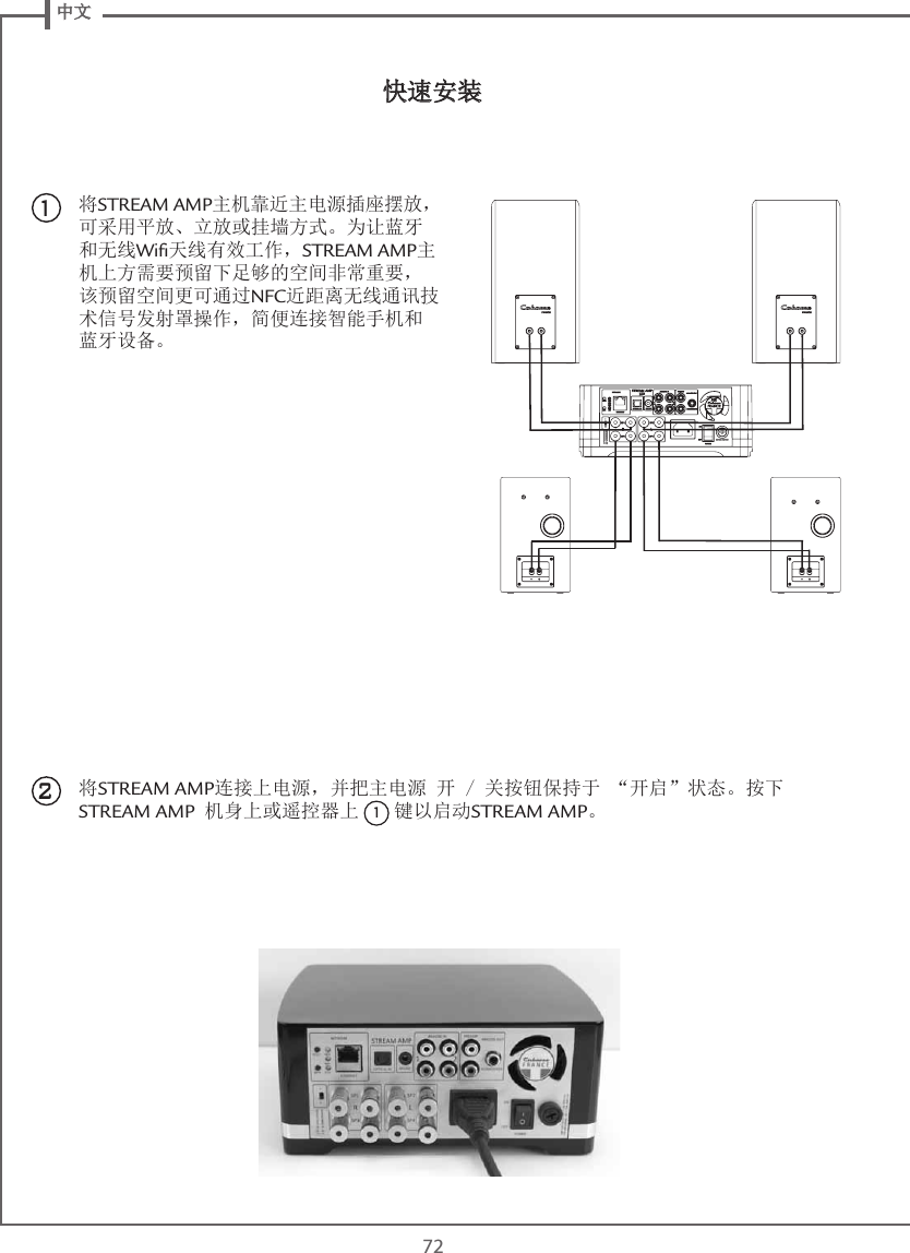  中文72快速安装将STREAM AMP主机靠近主电源插座摆放，可采用平放、立放或挂墙方式。为让蓝牙和无线Wiﬁ天线有效工作，STREAM AMP主机上方需要预留下足够的空间非常重要，该预留空间更可通过NFC近距离无线通讯技术信号发射罩操作，简便连接智能手机和蓝牙设备。将STREAM AMP连接上电源，并把主电源 开 / 关按钮保持于 “开启”状态。按下STREAM AMP 机身上或遥控器上 1 键以启动STREAM AMP。21