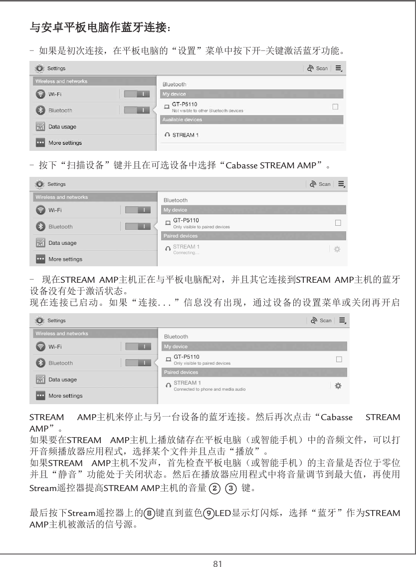  81与安卓平板电脑作蓝牙连接：- 如果是初次连接，在平板电脑的“设置”菜单中按下开-关键激活蓝牙功能。- 按下“扫描设备”键并且在可选设备中选择“Cabasse STREAM AMP”。-  现在STREAM AMP主机正在与平板电脑配对，并且其它连接到STREAM AMP主机的蓝牙设备没有处于激活状态。现在连接已启动。如果“连接...”信息没有出现，通过设备的设置菜单或关闭再开启STREAM AMP主机来停止与另一台设备的蓝牙连接。然后再次点击“Cabasse STREAM AMP”。如果要在STREAM AMP主机上播放储存在平板电脑（或智能手机）中的音频文件，可以打开音频播放器应用程式，选择某个文件并且点击“播放”。如果STREAM AMP主机不发声，首先检查平板电脑（或智能手机）的主音量是否位于零位并且“静音”功能处于关闭状态。然后在播放器应用程式中将音量调节到最大值，再使用Stream遥控器提高STREAM AMP主机的音量 2  3  键。 最后按下Stream遥控器上的8键直到蓝色9LED显示灯闪烁，选择“蓝牙”作为STREAM AMP主机被激活的信号源。