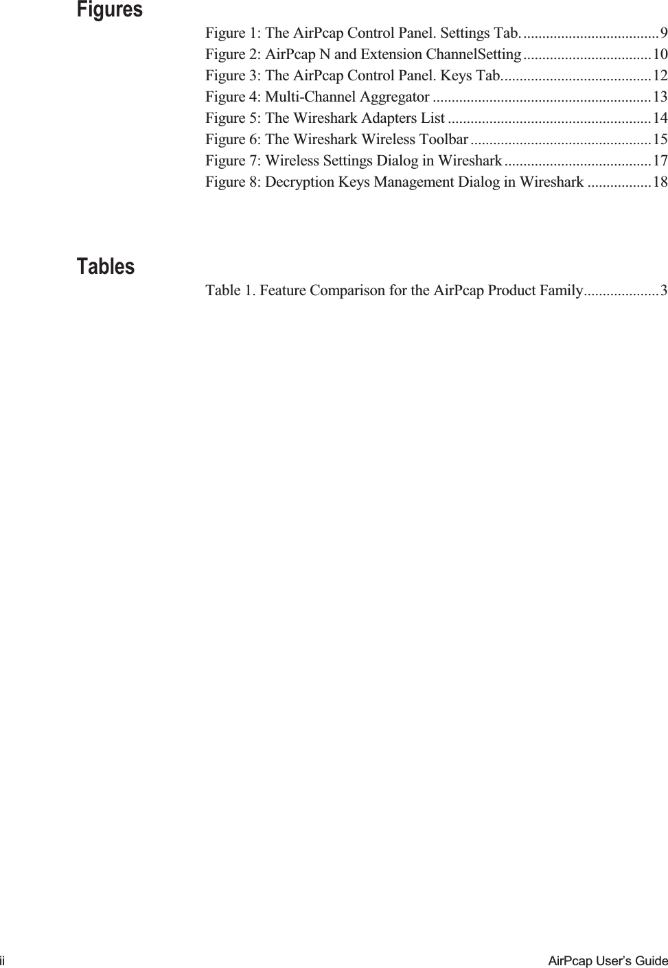   ii  AirPcap User&rsquo;s Guide Figures Figure 1: The AirPcap Control Panel. Settings Tab. .................................... 9 Figure 2: AirPcap N and Extension ChannelSetting .................................. 10 Figure 3: The AirPcap Control Panel. Keys Tab. ....................................... 12 Figure 4: Multi-Channel Aggregator .......................................................... 13 Figure 5: The Wireshark Adapters List ...................................................... 14 Figure 6: The Wireshark Wireless Toolbar ................................................ 15 Figure 7: Wireless Settings Dialog in Wireshark ....................................... 17 Figure 8: Decryption Keys Management Dialog in Wireshark ................. 18  Tables Table 1. Feature Comparison for the AirPcap Product Family .................... 3 