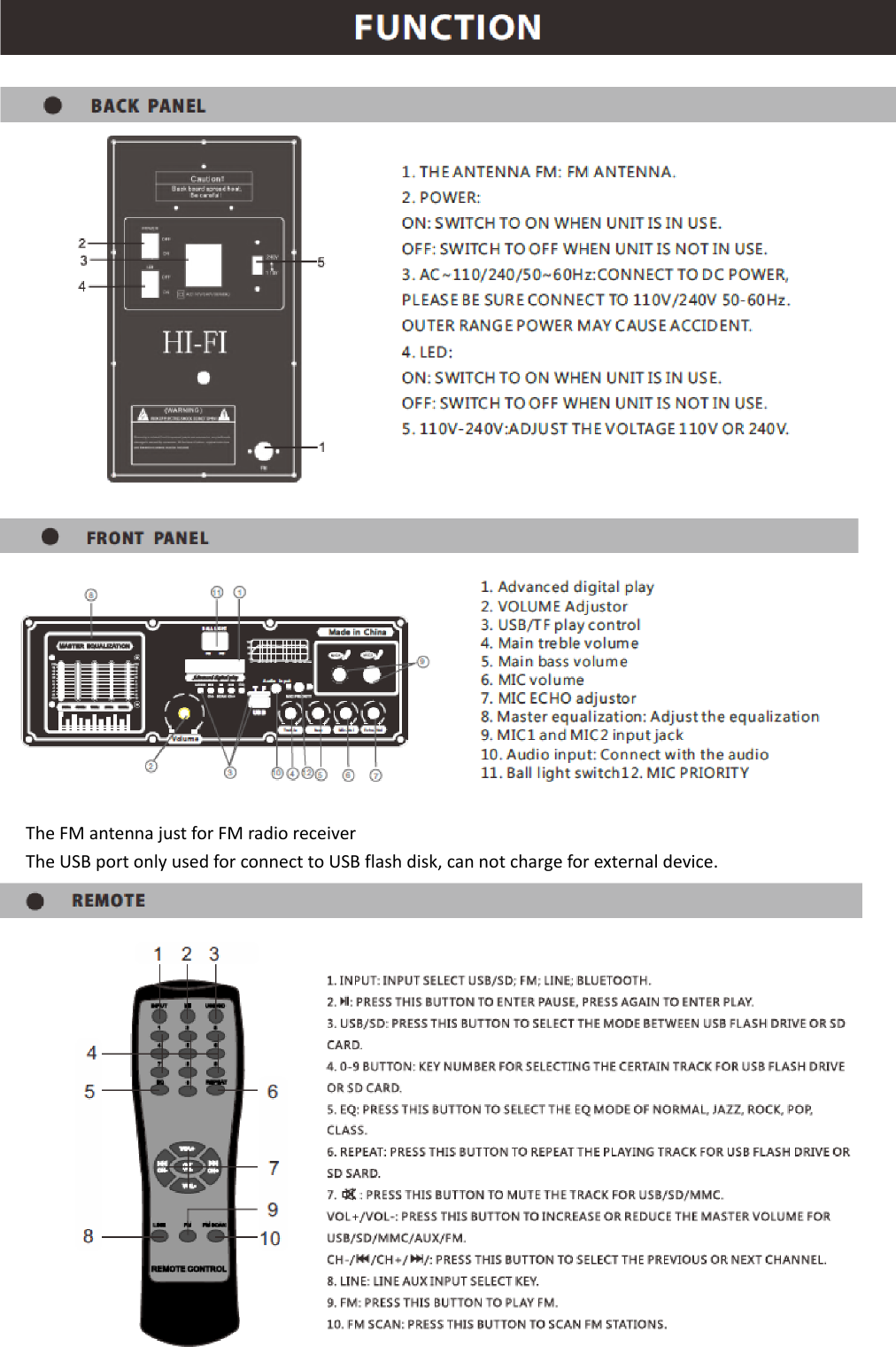 TheFMantennajustforFMradioreceiverTheUSBportonlyusedforconnecttoUSBflashdisk,cannotchargeforexternaldevice.