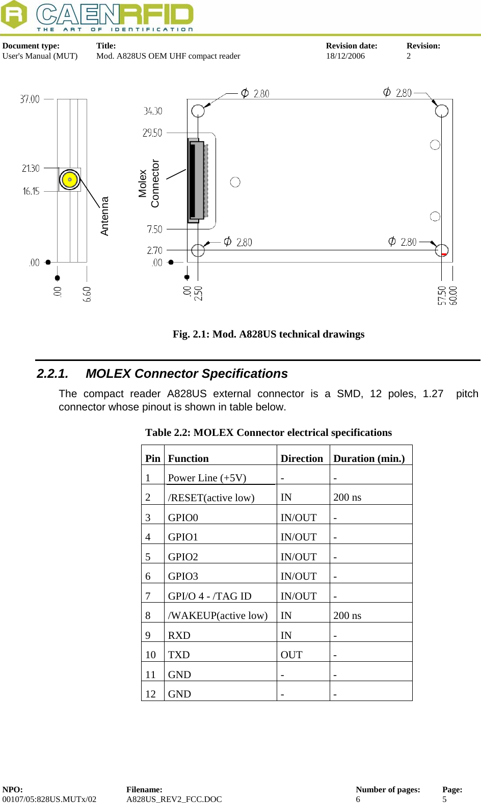  Document type:  Title:  Revision date:  Revision: User&apos;s Manual (MUT)  Mod. A828US OEM UHF compact reader  18/12/2006  2    Antenna Molex Connector Fig. 2.1: Mod. A828US technical drawings  2.2.1.  MOLEX Connector Specifications The compact reader A828US external connector is a SMD, 12 poles, 1.27  pitch connector whose pinout is shown in table below. Table 2.2: MOLEX Connector electrical specifications Pin Function  Direction  Duration (min.) 1  Power Line (+5V)  -  - 2  /RESET(active low)  IN 200 ns 3 GPIO0  IN/OUT - 4 GPIO1  IN/OUT - 5 GPIO2  IN/OUT - 6 GPIO3  IN/OUT - 7  GPI/O 4 - /TAG ID  IN/OUT  - 8  /WAKEUP(active low)  IN  200 ns 9 RXD  IN  - 10 TXD  OUT  - 11 GND  -  - 12 GND  -  -   NPO:  Filename:  Number of pages:  Page: 00107/05:828US.MUTx/02 A828US_REV2_FCC.DOC 6 5  