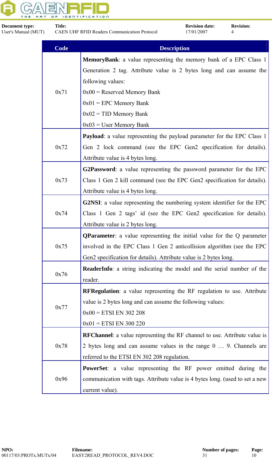  Document type:  Title:  Revision date:  Revision: User&apos;s Manual (MUT)  CAEN UHF RFID Readers Communication Protocol  17/01/2007  4  Code  Description 0x71 MemoryBank: a value representing the memory bank of a EPC Class 1 Generation 2 tag. Attribute value is 2 bytes long and can assume the following values: 0x00 = Reserved Memory Bank 0x01 = EPC Memory Bank 0x02 = TID Memory Bank 0x03 = User Memory Bank 0x72 Payload: a value representing the payload parameter for the EPC Class 1 Gen 2 lock command (see the EPC Gen2 specification for details). Attribute value is 4 bytes long. 0x73 G2Password: a value representing the password parameter for the EPC Class 1 Gen 2 kill command (see the EPC Gen2 specification for details). Attribute value is 4 bytes long. 0x74 G2NSI: a value representing the numbering system identifier for the EPC Class 1 Gen 2 tags’ id (see the EPC Gen2 specification for details). Attribute value is 2 bytes long. 0x75 QParameter: a value representing the initial value for the Q parameter involved in the EPC Class 1 Gen 2 anticollision algorithm (see the EPC Gen2 specification for details). Attribute value is 2 bytes long. 0x76  ReaderInfo: a string indicating the model and the serial number of the reader. 0x77 RFRegulation: a value representing the RF regulation to use. Attribute value is 2 bytes long and can assume the following values: 0x00 = ETSI EN 302 208 0x01 = ETSI EN 300 220 0x78 RFChannel: a value representing the RF channel to use. Attribute value is 2 bytes long and can assume values in the range 0 … 9. Channels are referred to the ETSI EN 302 208 regulation.  0x96 PowerSet: a value representing the RF power emitted during the communication with tags. Attribute value is 4 bytes long. (used to set a new current value). NPO:  Filename:  Number of pages:  Page: 00117/03:PROTx.MUTx/04 EASY2READ_PROTOCOL_REV4.DOC  31  10  