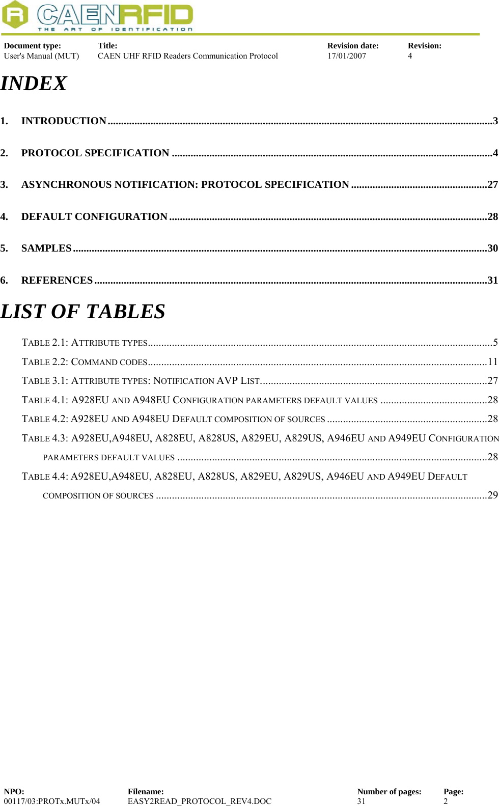   Document type:  Title:  Revision date:  Revision: User&apos;s Manual (MUT)  CAEN UHF RFID Readers Communication Protocol  17/01/2007  4  INDEX 1. INTRODUCTION................................................................................................................................................3 2. PROTOCOL SPECIFICATION ........................................................................................................................4 3. ASYNCHRONOUS NOTIFICATION: PROTOCOL SPECIFICATION...................................................27 4. DEFAULT CONFIGURATION.......................................................................................................................28 5. SAMPLES...........................................................................................................................................................30 6. REFERENCES...................................................................................................................................................31 LIST OF TABLES TABLE 2.1: ATTRIBUTE TYPES.................................................................................................................................5 TABLE 2.2: COMMAND CODES...............................................................................................................................11 TABLE 3.1: ATTRIBUTE TYPES: NOTIFICATION AVP LIST.....................................................................................27 TABLE 4.1: A928EU AND A948EU CONFIGURATION PARAMETERS DEFAULT VALUES ........................................28 TABLE 4.2: A928EU AND A948EU DEFAULT COMPOSITION OF SOURCES ............................................................28 TABLE 4.3: A928EU,A948EU, A828EU, A828US, A829EU, A829US, A946EU AND A949EU CONFIGURATION PARAMETERS DEFAULT VALUES ....................................................................................................................28 TABLE 4.4: A928EU,A948EU, A828EU, A828US, A829EU, A829US, A946EU AND A949EU DEFAULT COMPOSITION OF SOURCES ............................................................................................................................29 NPO:  Filename:  Number of pages:  Page: 00117/03:PROTx.MUTx/04 EASY2READ_PROTOCOL_REV4.DOC  31  2  