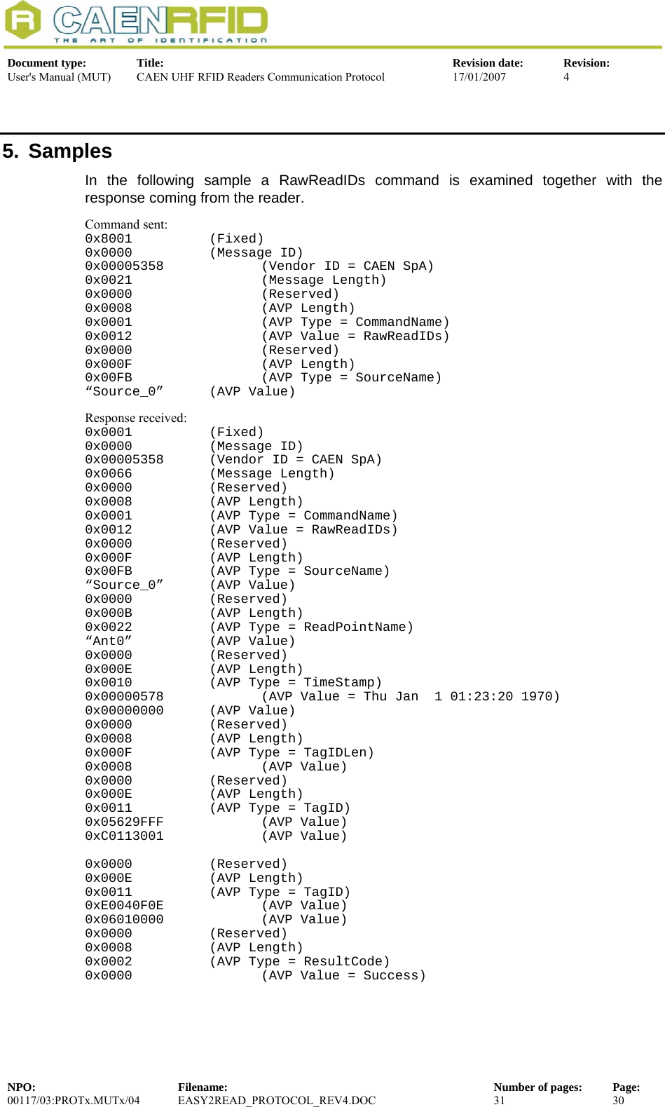  Document type:  Title:  Revision date:  Revision: User&apos;s Manual (MUT)  CAEN UHF RFID Readers Communication Protocol  17/01/2007  4  5. Samples In the following sample a RawReadIDs command is examined together with the response coming from the reader. Command sent: 0x8001 (Fixed) 0x0000 (Message ID) 0x00005358     (Vendor ID = CAEN SpA) 0x0021  (Message Length) 0x0000  (Reserved) 0x0008  (AVP Length) 0x0001    (AVP Type = CommandName) 0x0012    (AVP Value = RawReadIDs) 0x0000  (Reserved) 0x000F  (AVP Length) 0x00FB    (AVP Type = SourceName) “Source_0” (AVP Value) Response received: 0x0001 (Fixed) 0x0000 (Message ID) 0x00005358  (Vendor ID = CAEN SpA) 0x0066 (Message Length) 0x0000 (Reserved) 0x0008 (AVP Length) 0x0001  (AVP Type = CommandName) 0x0012  (AVP Value = RawReadIDs) 0x0000 (Reserved) 0x000F (AVP Length) 0x00FB  (AVP Type = SourceName) “Source_0” (AVP Value) 0x0000 (Reserved) 0x000B (AVP Length) 0x0022  (AVP Type = ReadPointName) “Ant0” (AVP Value) 0x0000 (Reserved) 0x000E (AVP Length) 0x0010  (AVP Type = TimeStamp) 0x00000578    (AVP Value = Thu Jan  1 01:23:20 1970) 0x00000000 (AVP Value) 0x0000 (Reserved) 0x0008 (AVP Length) 0x000F  (AVP Type = TagIDLen) 0x0008  (AVP Value) 0x0000 (Reserved) 0x000E (AVP Length) 0x0011  (AVP Type = TagID) 0x05629FFF   (AVP Value) 0xC0113001   (AVP Value)  0x0000 (Reserved) 0x000E (AVP Length) 0x0011  (AVP Type = TagID) 0xE0040F0E   (AVP Value) 0x06010000   (AVP Value) 0x0000 (Reserved) 0x0008 (AVP Length) 0x0002 = ResultCode)   (AVP Type 0x0000  (AVP Value = Success) NPO:  Filename:  Number of pages:  Page: 00117/03:PROTx.MUTx/04 EASY2READ_PROTOCOL_REV4.DOC  31  30  