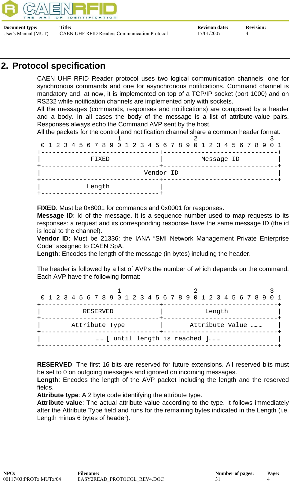  Document type:  Title:  Revision date:  Revision: User&apos;s Manual (MUT)  CAEN UHF RFID Readers Communication Protocol  17/01/2007  4  2. Protocol specification CAEN UHF RFID Reader protocol uses two logical communication channels: one for synchronous commands and one for asynchronous notifications. Command channel is mandatory and, at now, it is implemented on top of a TCP/IP socket (port 1000) and on RS232 while notification channels are implemented only with sockets. All the messages (commands, responses and notifications) are composed by a header and a body. In all cases the body of the message is a list of attribute-value pairs. Responses always echo the Command AVP sent by the host.  All the packets for the control and notification channel share a common header format:                      1                   2                   3    0 1 2 3 4 5 6 7 8 9 0 1 2 3 4 5 6 7 8 9 0 1 2 3 4 5 6 7 8 9 0 1 +-------------------------------+------------------------------+ |             FIXED             |          Message ID          | +-------------------------------+------------------------------+ |                           Vendor ID                          | +-------------------------------+------------------------------+ |            Length             |  +-------------------------------+  FIXED: Must be 0x8001 for commands and 0x0001 for responses. Message ID: Id of the message. It is a sequence number used to map requests to its responses: a request and its corresponding response have the same message ID (the id is local to the channel). Vendor ID: Must be 21336: the IANA “SMI Network Management Private Enterprise Code” assigned to CAEN SpA. Length: Encodes the length of the message (in bytes) including the header.  The header is followed by a list of AVPs the number of which depends on the command. Each AVP have the following format:                       1                   2                   3    0 1 2 3 4 5 6 7 8 9 0 1 2 3 4 5 6 7 8 9 0 1 2 3 4 5 6 7 8 9 0 1 +-------------------------------+------------------------------+ |           RESERVED            |           Length             | +-------------------------------+------------------------------+ |        Attribute Type         |       Attribute Value ………    | +-------------------------------+------------------------------+ |              ………[ until length is reached ]………               | +--------------------------------------------------------------+   RESERVED: The first 16 bits are reserved for future extensions. All reserved bits must be set to 0 on outgoing messages and ignored on incoming messages. Length: Encodes the length of the AVP packet including the length and the reserved fields. Attribute type: A 2 byte code identifying the attribute type. Attribute value: The actual attribute value according to the type. It follows immediately after the Attribute Type field and runs for the remaining bytes indicated in the Length (i.e. Length minus 6 bytes of header).  NPO:  Filename:  Number of pages:  Page: 00117/03:PROTx.MUTx/04 EASY2READ_PROTOCOL_REV4.DOC  31  4  