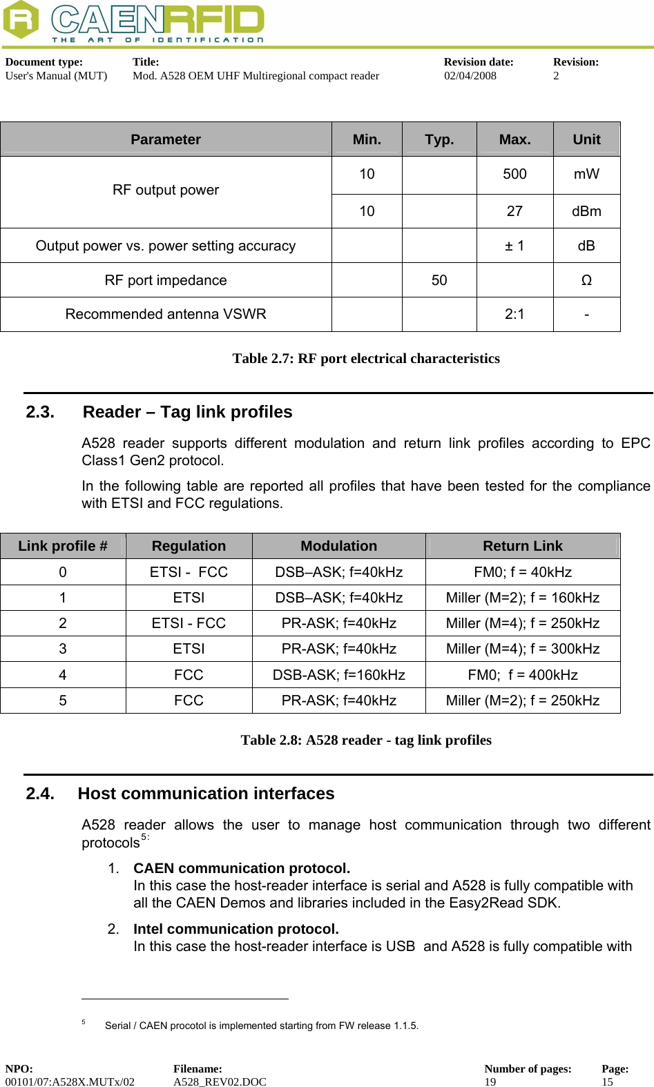   Document type:  Title:  Revision date:  Revision: User&apos;s Manual (MUT)  Mod. A528 OEM UHF Multiregional compact reader  02/04/2008  2   Parameter  Min.  Typ.  Max.  Unit 10  500 mW RF output power 10   27 dBm Output power vs. power setting accuracy      ± 1  dB RF port impedance    50    Ω Recommended antenna VSWR       2:1  - Table 2.7: RF port electrical characteristics 2.3.   Reader – Tag link profiles A528 reader supports different modulation and return link profiles according to EPC Class1 Gen2 protocol. In the following table are reported all profiles that have been tested for the compliance with ETSI and FCC regulations.    Link profile #  Regulation  Modulation  Return Link 0  ETSI -  FCC  DSB–ASK; f=40kHz  FM0; f = 40kHz 1  ETSI  DSB–ASK; f=40kHz  Miller (M=2); f = 160kHz 2  ETSI - FCC  PR-ASK; f=40kHz  Miller (M=4); f = 250kHz 3  ETSI  PR-ASK; f=40kHz  Miller (M=4); f = 300kHz 4  FCC  DSB-ASK; f=160kHz  FM0;  f = 400kHz 5  FCC  PR-ASK; f=40kHz  Miller (M=2); f = 250kHz Table 2.8: A528 reader - tag link profiles 2.4.  Host communication interfaces A528 reader allows the user to manage host communication through two different protocols5: 1.  CAEN communication protocol.  In this case the host-reader interface is serial and A528 is fully compatible with all the CAEN Demos and libraries included in the Easy2Read SDK. 2.  Intel communication protocol. In this case the host-reader interface is USB  and A528 is fully compatible with                                                            5   Serial / CAEN procotol is implemented starting from FW release 1.1.5. NPO:  Filename:  Number of pages:  Page: 00101/07:A528X.MUTx/02 A528_REV02.DOC  19  15  