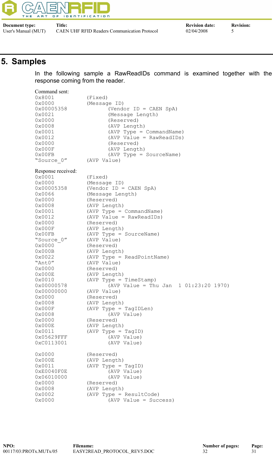  Document type:  Title:  Revision date:  Revision: User&apos;s Manual (MUT)  CAEN UHF RFID Readers Communication Protocol  02/04/2008  5  NPO:  Filename:  Number of pages:  Page: 00117/03:PROTx.MUTx/05 EASY2READ_PROTOCOL_REV5.DOC  32  31  5. Samples In the following sample a RawReadIDs command is examined together with the response coming from the reader. Command sent: 0x8001 (Fixed) 0x0000 (Message ID) 0x00005358     (Vendor ID = CAEN SpA) 0x0021  (Message Length) 0x0000  (Reserved) 0x0008  (AVP Length) 0x0001    (AVP Type = CommandName) 0x0012    (AVP Value = RawReadIDs) 0x0000  (Reserved) 0x000F  (AVP Length) 0x00FB    (AVP Type = SourceName) “Source_0” (AVP Value) Response received: 0x0001 (Fixed) 0x0000 (Message ID) 0x00005358  (Vendor ID = CAEN SpA) 0x0066 (Message Length) 0x0000 (Reserved) 0x0008 (AVP Length) 0x0001  (AVP Type = CommandName) 0x0012  (AVP Value = RawReadIDs) 0x0000 (Reserved) 0x000F (AVP Length) 0x00FB  (AVP Type = SourceName) “Source_0” (AVP Value) 0x0000 (Reserved) 0x000B (AVP Length) 0x0022  (AVP Type = ReadPointName) “Ant0” (AVP Value) 0x0000 (Reserved) 0x000E (AVP Length) 0x0010  (AVP Type = TimeStamp) 0x00000578    (AVP Value = Thu Jan  1 01:23:20 1970) 0x00000000 (AVP Value) 0x0000 (Reserved) 0x0008 (AVP Length) 0x000F  (AVP Type = TagIDLen) 0x0008  (AVP Value) 0x0000 (Reserved) 0x000E (AVP Length) 0x0011  (AVP Type = TagID) 0x05629FFF   (AVP Value) 0xC0113001   (AVP Value)  0x0000 (Reserved) 0x000E (AVP Length) 0x0011  (AVP Type = TagID) 0xE0040F0E   (AVP Value) 0x06010000   (AVP Value) 0x0000 (Reserved) 0x0008 (AVP Length) 0x0002  (AVP Type = ResultCode) 0x0000  (AVP Value = Success) 