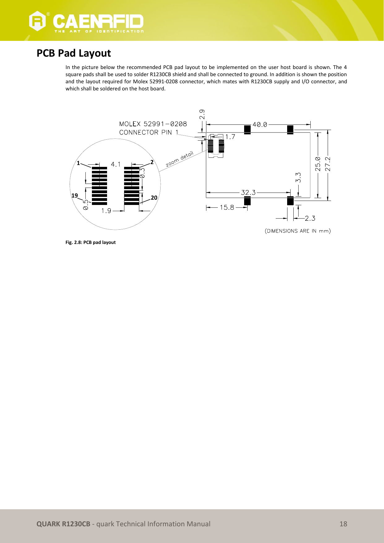       QUARK R1230CB - quark Technical Information Manual 18 PCB Pad Layout In the  picture  below the recommended PCB pad layout  to  be  implemented  on the  user  host  board is  shown.  The  4 square pads shall be used to solder R1230CB shield and shall be connected to ground. In addition is shown the position and the layout required for Molex 52991-0208 connector, which mates with R1230CB supply and I/O connector, and which shall be soldered on the host board.   Fig. 2.8: PCB pad layout  1 19 2 20 