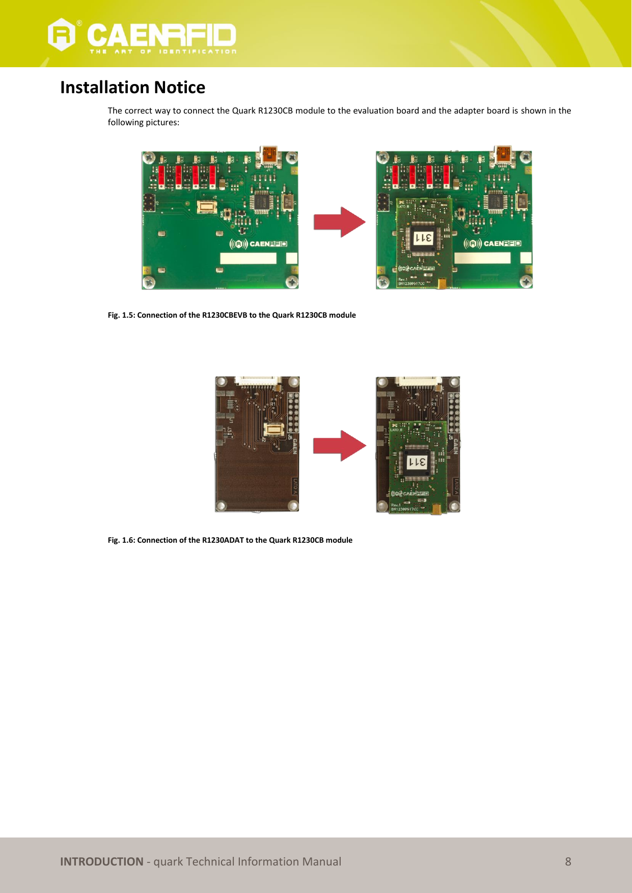       INTRODUCTION - quark Technical Information Manual 8 Installation Notice The correct way to connect the Quark R1230CB module to the evaluation board and the adapter board is shown in the following pictures:  Fig. 1.5: Connection of the R1230CBEVB to the Quark R1230CB module    Fig. 1.6: Connection of the R1230ADAT to the Quark R1230CB module  