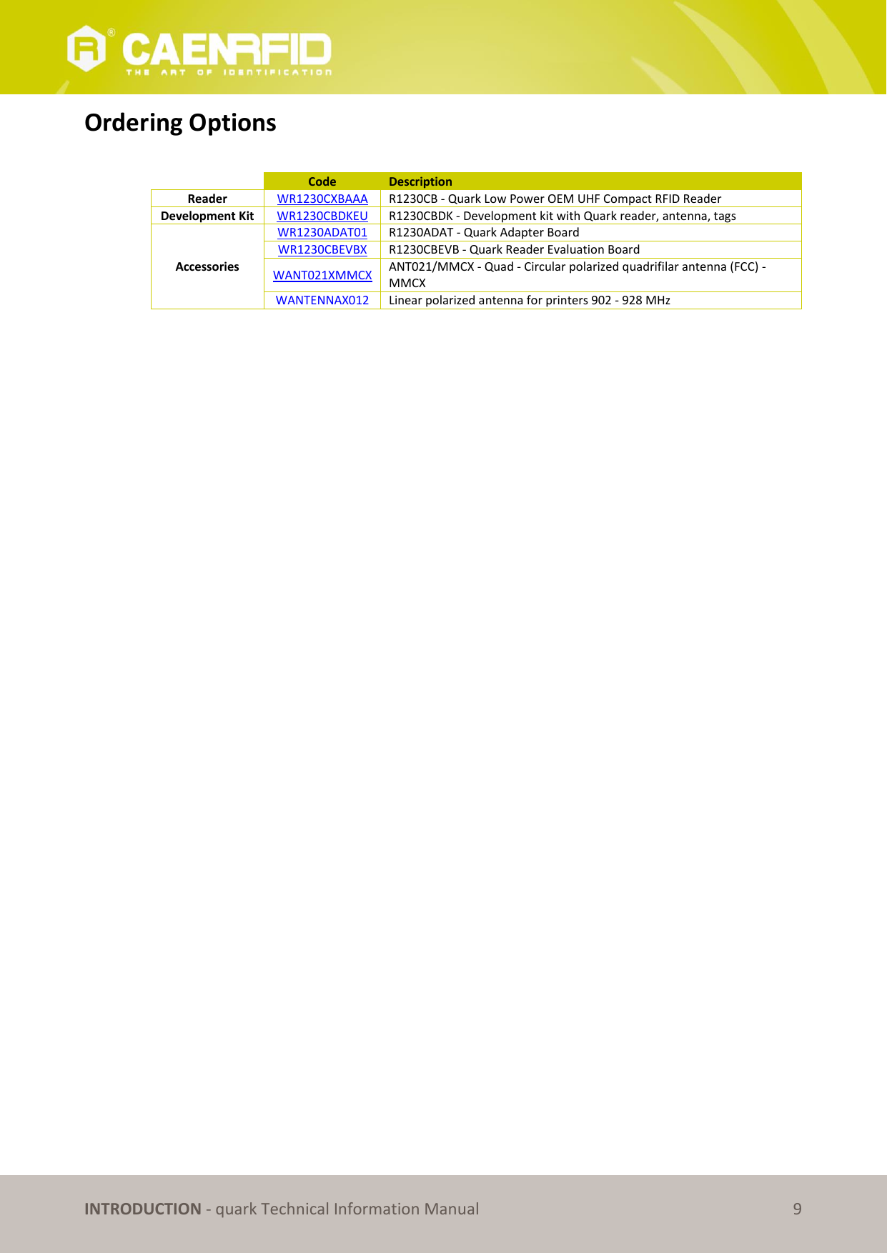       INTRODUCTION - quark Technical Information Manual 9 Ordering Options   Code Description Reader WR1230CXBAAA R1230CB - Quark Low Power OEM UHF Compact RFID Reader Development Kit WR1230CBDKEU  R1230CBDK - Development kit with Quark reader, antenna, tags  Accessories  WR1230ADAT01 R1230ADAT - Quark Adapter Board WR1230CBEVBX R1230CBEVB - Quark Reader Evaluation Board WANT021XMMCX ANT021/MMCX - Quad - Circular polarized quadrifilar antenna (FCC) - MMCX WANTENNAX012 Linear polarized antenna for printers 902 - 928 MHz   