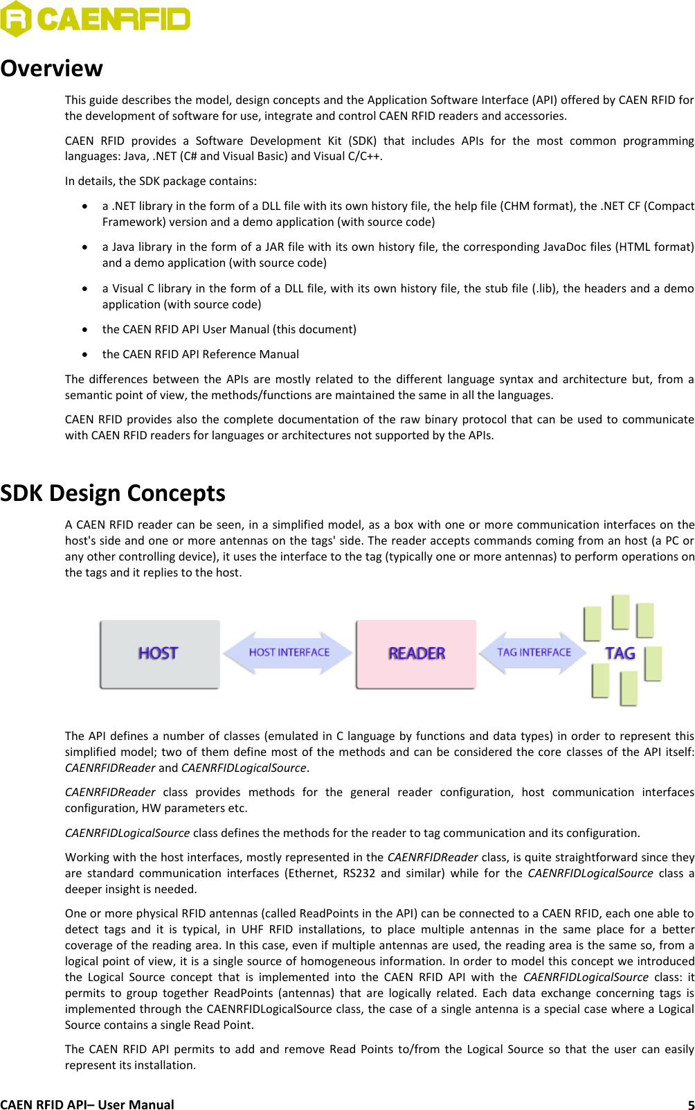  CAEN RFID API– User Manual 5 Overview This guide describes the model, design concepts and the Application Software Interface (API) offered by CAEN RFID for the development of software for use, integrate and control CAEN RFID readers and accessories. CAEN  RFID  provides  a  Software  Development  Kit  (SDK)  that  includes  APIs  for  the  most  common  programming languages: Java, .NET (C# and Visual Basic) and Visual C/C++. In details, the SDK package contains:  a .NET library in the form of a DLL file with its own history file, the help file (CHM format), the .NET CF (Compact Framework) version and a demo application (with source code)  a Java library in the form of a JAR file with its own history file, the corresponding JavaDoc files (HTML format) and a demo application (with source code)  a Visual C library in the form of a DLL file, with its own history file, the stub file (.lib), the headers and a demo application (with source code)  the CAEN RFID API User Manual (this document)  the CAEN RFID API Reference Manual The  differences  between  the  APIs  are  mostly related  to  the  different  language  syntax  and  architecture  but, from  a semantic point of view, the methods/functions are maintained the same in all the languages. CAEN RFID provides also the complete  documentation of  the raw binary protocol  that can  be used to communicate with CAEN RFID readers for languages or architectures not supported by the APIs.  SDK Design Concepts A CAEN RFID reader can be seen, in a simplified model, as a box with one or more communication interfaces on the host&apos;s side and one or more antennas on the tags&apos; side. The reader accepts commands coming from an host (a PC or any other controlling device), it uses the interface to the tag (typically one or more antennas) to perform operations on the tags and it replies to the host.  The API defines a number of classes (emulated in C language by functions and data types) in order to represent this simplified model; two of them define most of the methods and can be considered the core classes of the API itself: CAENRFIDReader and CAENRFIDLogicalSource.  CAENRFIDReader  class  provides  methods  for  the  general  reader  configuration,  host  communication  interfaces configuration, HW parameters etc.  CAENRFIDLogicalSource class defines the methods for the reader to tag communication and its configuration. Working with the host interfaces, mostly represented in the CAENRFIDReader class, is quite straightforward since they are  standard  communication  interfaces  (Ethernet,  RS232  and  similar)  while  for  the  CAENRFIDLogicalSource  class  a deeper insight is needed. One or more physical RFID antennas (called ReadPoints in the API) can be connected to a CAEN RFID, each one able to detect  tags  and  it  is  typical,  in  UHF  RFID  installations,  to  place  multiple  antennas  in  the  same  place  for  a  better coverage of the reading area. In this case, even if multiple antennas are used, the reading area is the same so, from a logical point of view, it is a single source of homogeneous information. In order to model this concept we introduced the  Logical  Source  concept  that  is  implemented  into  the  CAEN  RFID  API  with  the  CAENRFIDLogicalSource  class:  it permits  to  group  together  ReadPoints  (antennas)  that  are  logically  related.  Each  data  exchange  concerning  tags  is implemented through the CAENRFIDLogicalSource class, the case of a single antenna is a special case where a Logical Source contains a single Read Point. The  CAEN  RFID  API  permits  to  add  and  remove  Read  Points  to/from  the  Logical  Source  so  that  the  user  can  easily represent its installation.  