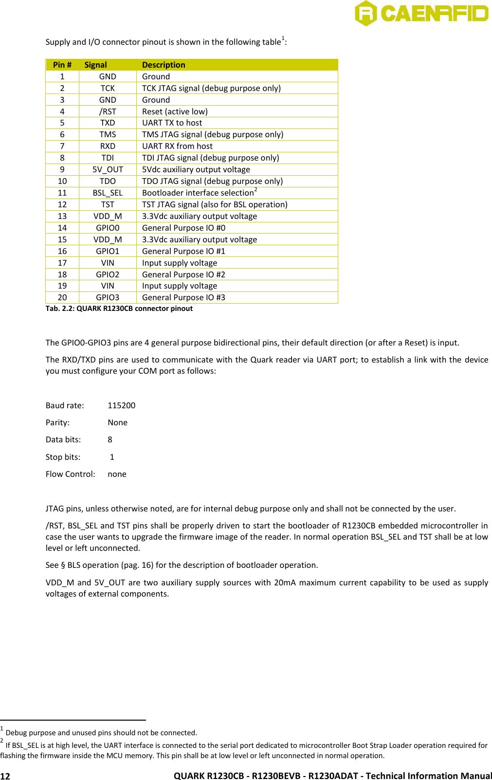  QUARK R1230CB - R1230BEVB - R1230ADAT - Technical Information Manual 12 Supply and I/O connector pinout is shown in the following table1:  Pin # Signal Description 1 GND Ground 2 TCK TCK JTAG signal (debug purpose only) 3 GND Ground 4 /RST Reset (active low) 5 TXD UART TX to host  6 TMS TMS JTAG signal (debug purpose only) 7 RXD UART RX from host 8 TDI TDI JTAG signal (debug purpose only) 9 5V_OUT 5Vdc auxiliary output voltage 10 TDO TDO JTAG signal (debug purpose only) 11 BSL_SEL Bootloader interface selection2 12 TST TST JTAG signal (also for BSL operation) 13 VDD_M 3.3Vdc auxiliary output voltage 14 GPIO0 General Purpose IO #0 15 VDD_M 3.3Vdc auxiliary output voltage 16 GPIO1 General Purpose IO #1 17 VIN Input supply voltage 18 GPIO2 General Purpose IO #2 19 VIN Input supply voltage 20 GPIO3 General Purpose IO #3 Tab. 2.2: QUARK R1230CB connector pinout  The GPIO0-GPIO3 pins are 4 general purpose bidirectional pins, their default direction (or after a Reset) is input. The RXD/TXD pins are used to communicate with the Quark reader via UART port; to establish a link with the  device you must configure your COM port as follows:  Baud rate:   115200 Parity:    None Data bits:   8 Stop bits:   1 Flow Control:   none  JTAG pins, unless otherwise noted, are for internal debug purpose only and shall not be connected by the user. /RST, BSL_SEL and TST pins shall be properly driven to start the bootloader of R1230CB embedded microcontroller in case the user wants to upgrade the firmware image of the reader. In normal operation BSL_SEL and TST shall be at low level or left unconnected. See § BLS operation (pag. 16) for the description of bootloader operation. VDD_M and  5V_OUT  are  two  auxiliary supply  sources  with 20mA maximum  current  capability  to  be used  as  supply voltages of external components.                                                             1 Debug purpose and unused pins should not be connected. 2 If BSL_SEL is at high level, the UART interface is connected to the serial port dedicated to microcontroller Boot Strap Loader operation required for flashing the firmware inside the MCU memory. This pin shall be at low level or left unconnected in normal operation. 