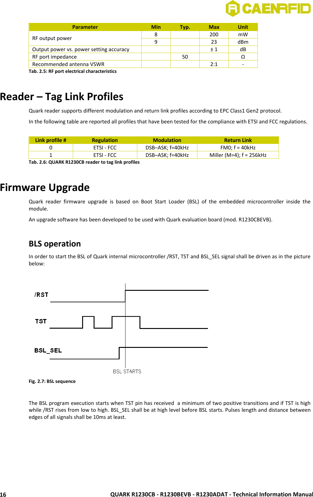  QUARK R1230CB - R1230BEVB - R1230ADAT - Technical Information Manual 16 Parameter Min Typ. Max Unit RF output power 8  200 mW 9  23 dBm Output power vs. power setting accuracy   ± 1 dB RF port impedance  50  Ω Recommended antenna VSWR    2:1 - Tab. 2.5: RF port electrical characteristics  Reader – Tag Link Profiles Quark reader supports different modulation and return link profiles according to EPC Class1 Gen2 protocol. In the following table are reported all profiles that have been tested for the compliance with ETSI and FCC regulations.  Link profile # Regulation Modulation Return Link 0 ETSI - FCC DSB–ASK; f=40kHz FM0; f = 40kHz 1 ETSI - FCC DSB–ASK; f=40kHz Miller (M=4); f = 256kHz Tab. 2.6: QUARK R1230CB reader to tag link profiles  Firmware Upgrade Quark  reader  firmware  upgrade  is  based  on  Boot  Start  Loader  (BSL)  of  the  embedded  microcontroller  inside  the module. An upgrade software has been developed to be used with Quark evaluation board (mod. R1230CBEVB).  BLS operation In order to start the BSL of Quark internal microcontroller /RST, TST and BSL_SEL signal shall be driven as in the picture below:   Fig. 2.7: BSL sequence  The BSL program execution starts when TST pin has received  a minimum of two positive transitions and if TST is high while /RST rises from low to high. BSL_SEL shall be at high level before BSL starts. Pulses length and distance between edges of all signals shall be 10ms at least.    