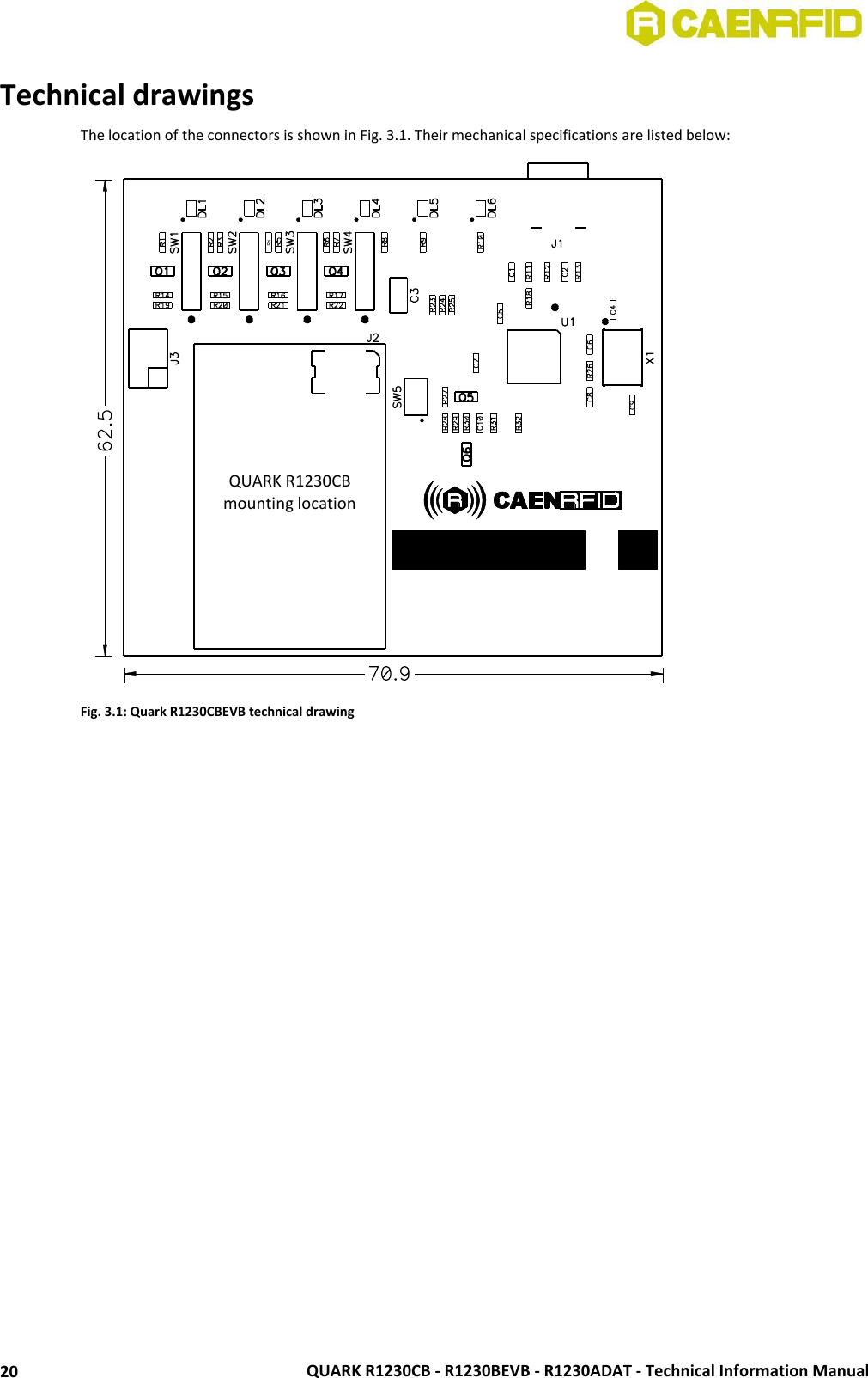  QUARK R1230CB - R1230BEVB - R1230ADAT - Technical Information Manual 20 Technical drawings The location of the connectors is shown in Fig. 3.1. Their mechanical specifications are listed below:  Fig. 3.1: Quark R1230CBEVB technical drawing  QUARK R1230CB mounting location 