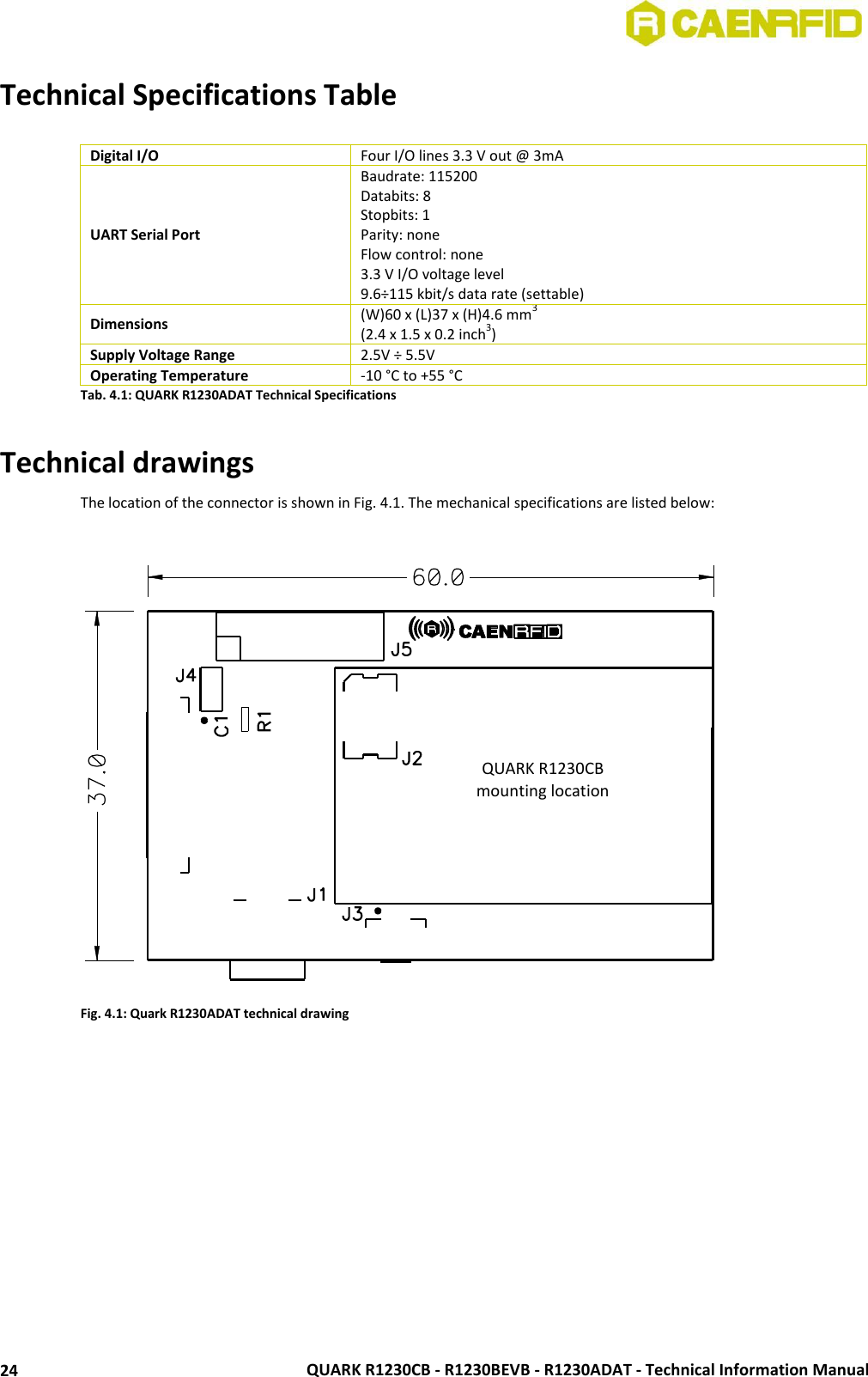  QUARK R1230CB - R1230BEVB - R1230ADAT - Technical Information Manual 24 Technical Specifications Table  Digital I/O Four I/O lines 3.3 V out @ 3mA UART Serial Port Baudrate: 115200 Databits: 8 Stopbits: 1 Parity: none  Flow control: none 3.3 V I/O voltage level  9.6÷115 kbit/s data rate (settable) Dimensions (W)60 x (L)37 x (H)4.6 mm3  (2.4 x 1.5 x 0.2 inch3) Supply Voltage Range 2.5V ÷ 5.5V Operating Temperature -10 °C to +55 °C Tab. 4.1: QUARK R1230ADAT Technical Specifications   Technical drawings The location of the connector is shown in Fig. 4.1. The mechanical specifications are listed below:   Fig. 4.1: Quark R1230ADAT technical drawing  QUARK R1230CB mounting location 