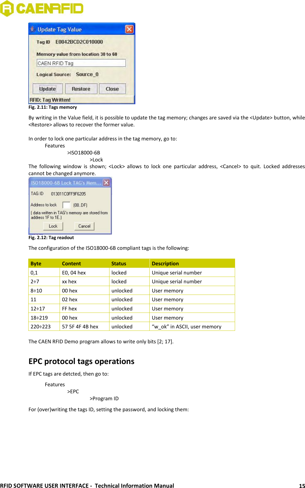  RFID SOFTWARE USER INTERFACE -  Technical Information Manual 15  Fig. 2.11: Tags memory By writing in the Value field, it is possible to update the tag memory; changes are saved via the &lt;Update&gt; button, while &lt;Restore&gt; allows to recover the former value.  In order to lock one particular address in the tag memory, go to:   Features     &gt;ISO18000-6B       &gt;Lock The  following  window  is  shown;  &lt;Lock&gt;  allows  to  lock  one  particular  address,  &lt;Cancel&gt;  to  quit.  Locked  addresses cannot be changed anymore.  Fig. 2.12: Tag readout The configuration of the ISO18000-6B compliant tags is the following:  Byte Content Status Description 0,1 E0, 04 hex locked Unique serial number 2÷7 xx hex locked Unique serial number 8÷10 00 hex unlocked User memory 11 02 hex unlocked User memory 12÷17 FF hex unlocked User memory 18÷219 00 hex unlocked User memory 220÷223 57 5F 4F 4B hex unlocked “w_ok” in ASCII, user memory  The CAEN RFID Demo program allows to write only bits [2; 17].  EPC protocol tags operations If EPC tags are detcted, then go to:   Features     &gt;EPC       &gt;Program ID For (over)writing the tags ID, setting the password, and locking them: 