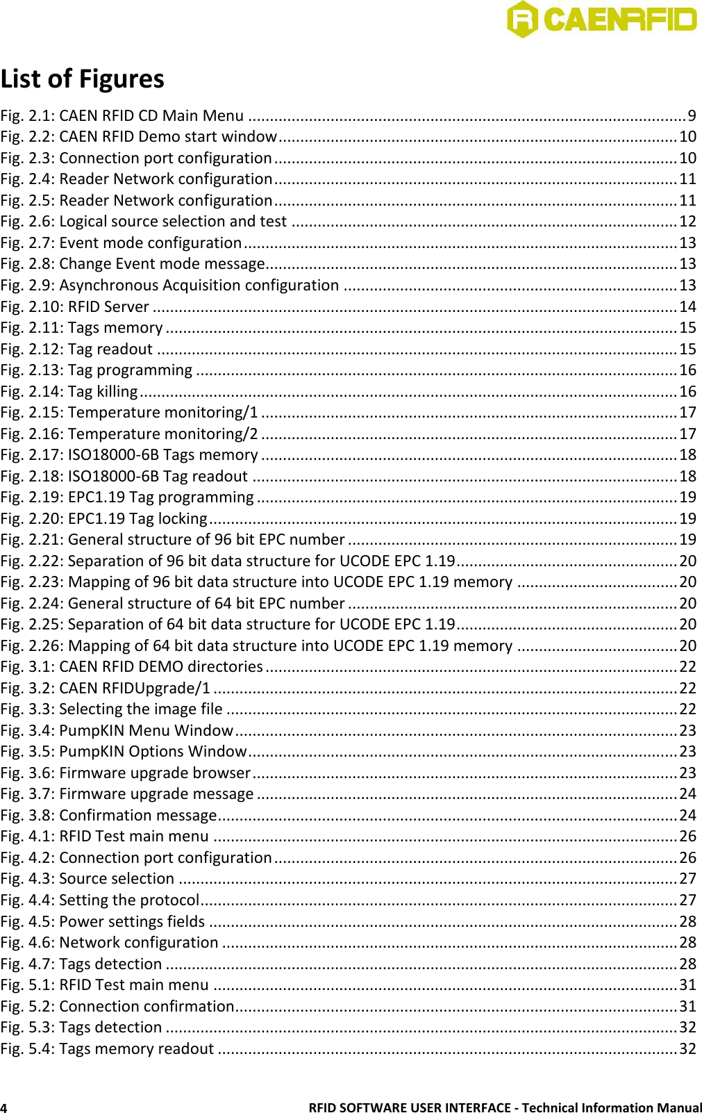  RFID SOFTWARE USER INTERFACE - Technical Information Manual 4 List of Figures Fig. 2.1: CAEN RFID CD Main Menu ..................................................................................................... 9 Fig. 2.2: CAEN RFID Demo start window ............................................................................................ 10 Fig. 2.3: Connection port configuration ............................................................................................. 10 Fig. 2.4: Reader Network configuration ............................................................................................. 11 Fig. 2.5: Reader Network configuration ............................................................................................. 11 Fig. 2.6: Logical source selection and test ......................................................................................... 12 Fig. 2.7: Event mode configuration .................................................................................................... 13 Fig. 2.8: Change Event mode message............................................................................................... 13 Fig. 2.9: Asynchronous Acquisition configuration ............................................................................. 13 Fig. 2.10: RFID Server ......................................................................................................................... 14 Fig. 2.11: Tags memory ...................................................................................................................... 15 Fig. 2.12: Tag readout ........................................................................................................................ 15 Fig. 2.13: Tag programming ............................................................................................................... 16 Fig. 2.14: Tag killing ............................................................................................................................ 16 Fig. 2.15: Temperature monitoring/1 ................................................................................................ 17 Fig. 2.16: Temperature monitoring/2 ................................................................................................ 17 Fig. 2.17: ISO18000-6B Tags memory ................................................................................................ 18 Fig. 2.18: ISO18000-6B Tag readout .................................................................................................. 18 Fig. 2.19: EPC1.19 Tag programming ................................................................................................. 19 Fig. 2.20: EPC1.19 Tag locking ............................................................................................................ 19 Fig. 2.21: General structure of 96 bit EPC number ............................................................................ 19 Fig. 2.22: Separation of 96 bit data structure for UCODE EPC 1.19 ................................................... 20 Fig. 2.23: Mapping of 96 bit data structure into UCODE EPC 1.19 memory ..................................... 20 Fig. 2.24: General structure of 64 bit EPC number ............................................................................ 20 Fig. 2.25: Separation of 64 bit data structure for UCODE EPC 1.19 ................................................... 20 Fig. 2.26: Mapping of 64 bit data structure into UCODE EPC 1.19 memory ..................................... 20 Fig. 3.1: CAEN RFID DEMO directories ............................................................................................... 22 Fig. 3.2: CAEN RFIDUpgrade/1 ........................................................................................................... 22 Fig. 3.3: Selecting the image file ........................................................................................................ 22 Fig. 3.4: PumpKIN Menu Window ...................................................................................................... 23 Fig. 3.5: PumpKIN Options Window ................................................................................................... 23 Fig. 3.6: Firmware upgrade browser .................................................................................................. 23 Fig. 3.7: Firmware upgrade message ................................................................................................. 24 Fig. 3.8: Confirmation message .......................................................................................................... 24 Fig. 4.1: RFID Test main menu ........................................................................................................... 26 Fig. 4.2: Connection port configuration ............................................................................................. 26 Fig. 4.3: Source selection ................................................................................................................... 27 Fig. 4.4: Setting the protocol .............................................................................................................. 27 Fig. 4.5: Power settings fields ............................................................................................................ 28 Fig. 4.6: Network configuration ......................................................................................................... 28 Fig. 4.7: Tags detection ...................................................................................................................... 28 Fig. 5.1: RFID Test main menu ........................................................................................................... 31 Fig. 5.2: Connection confirmation ...................................................................................................... 31 Fig. 5.3: Tags detection ...................................................................................................................... 32 Fig. 5.4: Tags memory readout .......................................................................................................... 32 