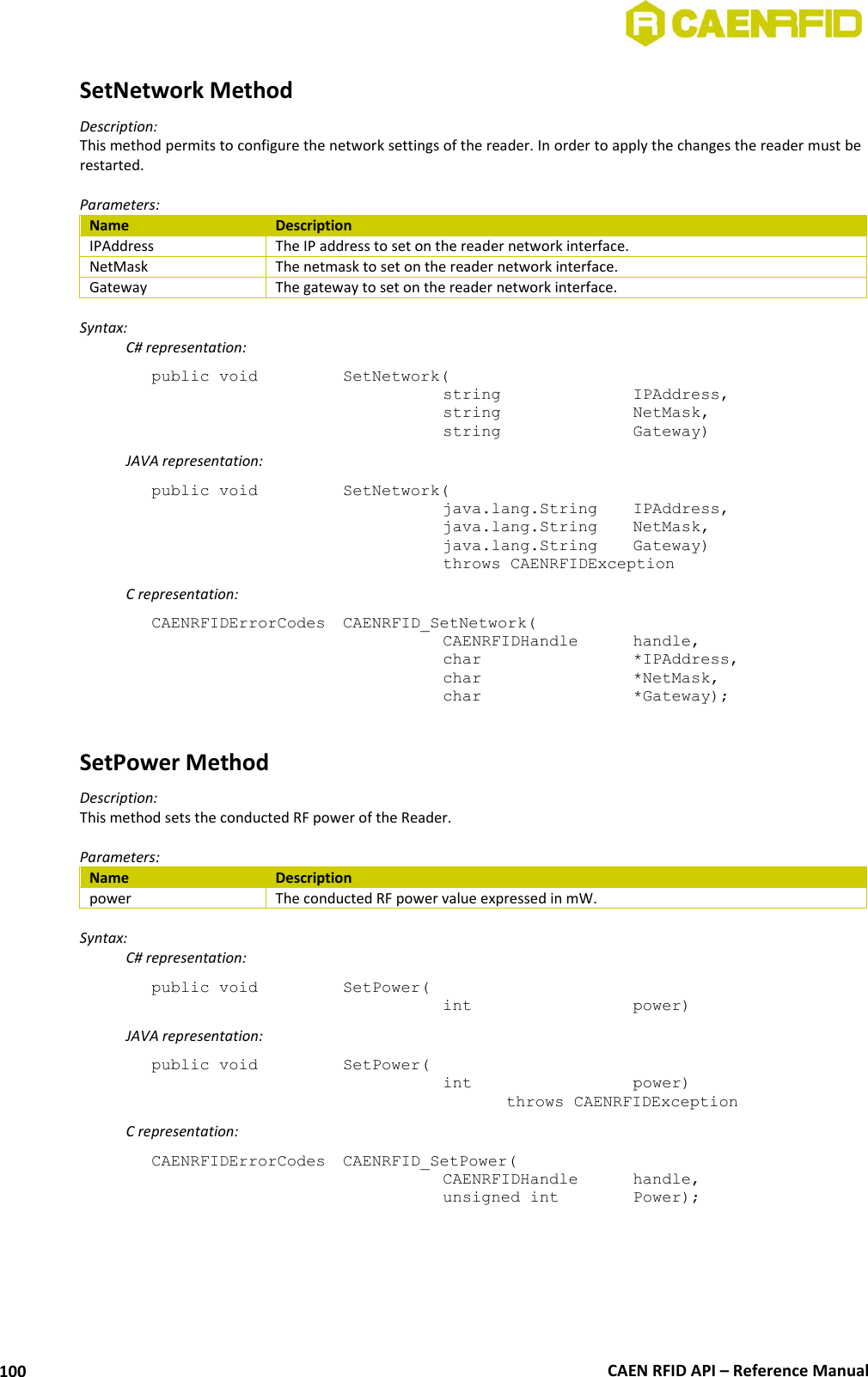  CAEN RFID API – Reference Manual 100 SetNetwork Method Description: This method permits to configure the network settings of the reader. In order to apply the changes the reader must be restarted.  Parameters: Name Description IPAddress The IP address to set on the reader network interface. NetMask The netmask to set on the reader network interface. Gateway The gateway to set on the reader network interface.  Syntax:   C# representation: public void   SetNetwork(   string     IPAddress,   string     NetMask,   string     Gateway)   JAVA representation: public void   SetNetwork(   java.lang.String   IPAddress,   java.lang.String   NetMask,   java.lang.String   Gateway)   throws CAENRFIDException   C representation: CAENRFIDErrorCodes  CAENRFID_SetNetwork(   CAENRFIDHandle   handle,   char       *IPAddress,   char       *NetMask,   char       *Gateway);  SetPower Method Description: This method sets the conducted RF power of the Reader.  Parameters: Name Description power The conducted RF power value expressed in mW.  Syntax:   C# representation: public void   SetPower(   int       power)   JAVA representation: public void   SetPower(   int       power)     throws CAENRFIDException   C representation: CAENRFIDErrorCodes  CAENRFID_SetPower(   CAENRFIDHandle   handle,   unsigned int    Power);  