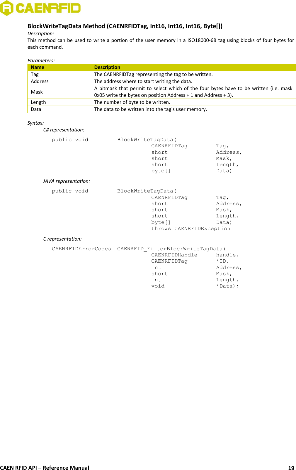  CAEN RFID API – Reference Manual 19 BlockWriteTagData Method (CAENRFIDTag, Int16, Int16, Int16, Byte[]) Description: This method can  be used to write a portion of the user memory in a ISO18000-6B tag using blocks of four bytes for each command.  Parameters: Name Description Tag The CAENRFIDTag representing the tag to be written. Address The address where to start writing the data. Mask A bitmask that  permit  to  select  which  of  the four bytes have to  be  written  (i.e.  mask 0x05 write the bytes on position Address + 1 and Address + 3). Length The number of byte to be written. Data The data to be written into the tag&apos;s user memory.  Syntax:   C# representation: public void   BlockWriteTagData(   CAENRFIDTag    Tag,   short      Address,   short      Mask,   short      Length,   byte[]     Data)   JAVA representation: public void   BlockWriteTagData(   CAENRFIDTag    Tag,   short      Address,   short      Mask,   short      Length,   byte[]     Data)   throws CAENRFIDException   C representation: CAENRFIDErrorCodes  CAENRFID_FilterBlockWriteTagData(   CAENRFIDHandle   handle,   CAENRFIDTag    *ID,   int       Address,   short      Mask,   int       Length,   void       *Data);  