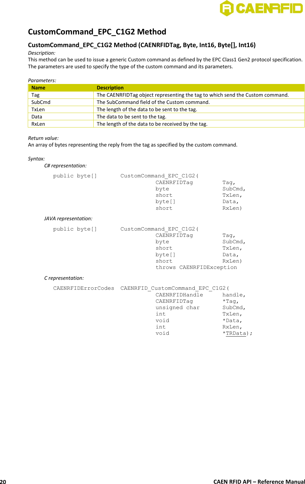  CAEN RFID API – Reference Manual 20 CustomCommand_EPC_C1G2 Method  CustomCommand_EPC_C1G2 Method (CAENRFIDTag, Byte, Int16, Byte[], Int16)  Description: This method can be used to issue a generic Custom command as defined by the EPC Class1 Gen2 protocol specification. The parameters are used to specify the type of the custom command and its parameters.  Parameters: Name Description Tag The CAENRFIDTag object representing the tag to which send the Custom command. SubCmd The SubCommand field of the Custom command. TxLen The length of the data to be sent to the tag. Data The data to be sent to the tag. RxLen The length of the data to be received by the tag.  Return value: An array of bytes representing the reply from the tag as specified by the custom command.  Syntax:   C# representation: public byte[]   CustomCommand_EPC_C1G2(   CAENRFIDTag    Tag,   byte       SubCmd,   short      TxLen,   byte[]     Data,   short      RxLen)   JAVA representation: public byte[]   CustomCommand_EPC_C1G2(   CAENRFIDTag    Tag,   byte       SubCmd,   short      TxLen,   byte[]     Data,   short      RxLen)   throws CAENRFIDException   C representation: CAENRFIDErrorCodes  CAENRFID_CustomCommand_EPC_C1G2(   CAENRFIDHandle   handle,    CAENRFIDTag    *Tag,    unsigned char   SubCmd,   int       TxLen,    void       *Data,    int       RxLen,    void       *TRData);  