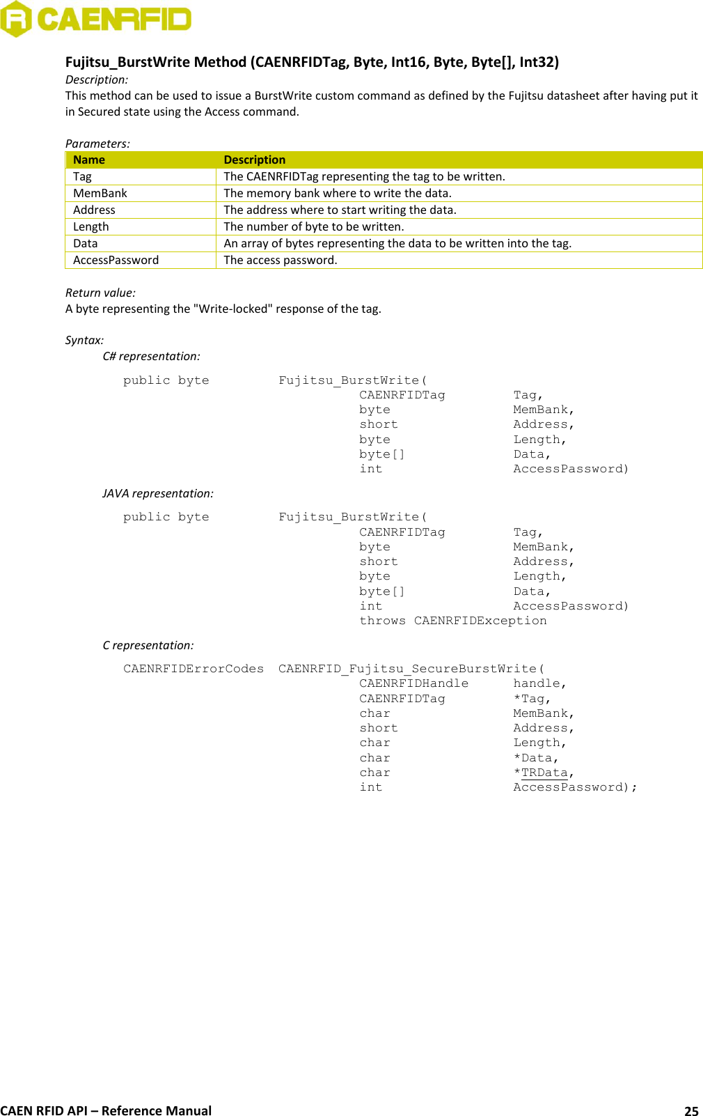  CAEN RFID API – Reference Manual 25 Fujitsu_BurstWrite Method (CAENRFIDTag, Byte, Int16, Byte, Byte[], Int32) Description: This method can be used to issue a BurstWrite custom command as defined by the Fujitsu datasheet after having put it in Secured state using the Access command.  Parameters: Name Description Tag The CAENRFIDTag representing the tag to be written. MemBank The memory bank where to write the data. Address The address where to start writing the data. Length The number of byte to be written. Data An array of bytes representing the data to be written into the tag. AccessPassword The access password.  Return value: A byte representing the &quot;Write-locked&quot; response of the tag.  Syntax:   C# representation: public byte   Fujitsu_BurstWrite(   CAENRFIDTag    Tag,   byte       MemBank,   short      Address,   byte       Length,   byte[]     Data,   int       AccessPassword)   JAVA representation: public byte   Fujitsu_BurstWrite(   CAENRFIDTag    Tag,   byte       MemBank,   short      Address,   byte       Length,   byte[]     Data,   int       AccessPassword)   throws CAENRFIDException     C representation: CAENRFIDErrorCodes  CAENRFID_Fujitsu_SecureBurstWrite(   CAENRFIDHandle   handle,   CAENRFIDTag    *Tag,   char       MemBank,   short      Address,   char       Length,   char       *Data,   char       *TRData,   int       AccessPassword);  