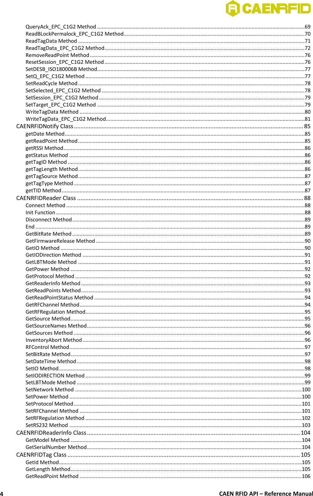  CAEN RFID API – Reference Manual 4 QueryAck_EPC_C1G2 Method .............................................................................................................................................69 ReadBLockPermalock_EPC_C1G2 Method ...........................................................................................................................70 ReadTagData Method ..........................................................................................................................................................71 ReadTagData_EPC_C1G2 Method ........................................................................................................................................72 RemoveReadPoint Method ..................................................................................................................................................76 ResetSession_EPC_C1G2 Method ........................................................................................................................................76 SetDESB_ISO180006B Method.............................................................................................................................................77 SetQ_EPC_C1G2 Method .....................................................................................................................................................77 SetReadCycle Method ..........................................................................................................................................................78 SetSelected_EPC_C1G2 Method ..........................................................................................................................................78 SetSession_EPC_C1G2 Method ............................................................................................................................................79 SetTarget_EPC_C1G2 Method .............................................................................................................................................79 WriteTagData Method .........................................................................................................................................................80 WriteTagData_EPC_C1G2 Method .......................................................................................................................................81 CAENRFIDNotify Class ............................................................................................................................................. 85 getDate Method ...................................................................................................................................................................85 getReadPoint Method ..........................................................................................................................................................85 getRSSI Method ....................................................................................................................................................................86 getStatus Method ................................................................................................................................................................86 getTagID Method .................................................................................................................................................................86 getTagLength Method ..........................................................................................................................................................86 getTagSource Method ..........................................................................................................................................................87 getTagType Method .............................................................................................................................................................87 getTID Method .....................................................................................................................................................................87 CAENRFIDReader Class ........................................................................................................................................... 88 Connect Method ..................................................................................................................................................................88 Init Function .........................................................................................................................................................................88 Disconnect Method ..............................................................................................................................................................89 End .......................................................................................................................................................................................89 GetBitRate Method ..............................................................................................................................................................89 GetFirmwareRelease Method ..............................................................................................................................................90 GetIO Method ......................................................................................................................................................................90 GetIODirection Method .......................................................................................................................................................91 GetLBTMode Method ..........................................................................................................................................................91 GetPower Method ...............................................................................................................................................................92 GetProtocol Method ............................................................................................................................................................92 GetReaderInfo Method ........................................................................................................................................................93 GetReadPoints Method ........................................................................................................................................................93 GetReadPointStatus Method ...............................................................................................................................................94 GetRFChannel Method .........................................................................................................................................................94 GetRFRegulation Method.....................................................................................................................................................95 GetSource Method ...............................................................................................................................................................95 GetSourceNames Method ....................................................................................................................................................96 GetSources Method .............................................................................................................................................................96 InventoryAbort Method .......................................................................................................................................................96 RFControl Method ................................................................................................................................................................97 SetBitRate Method ...............................................................................................................................................................97 SetDateTime Method ...........................................................................................................................................................98 SetIO Method .......................................................................................................................................................................98 SetIODIRECTION Method .....................................................................................................................................................99 SetLBTMode Method ...........................................................................................................................................................99 SetNetwork Method ..........................................................................................................................................................100 SetPower Method ..............................................................................................................................................................100 SetProtocol Method ...........................................................................................................................................................101 SetRFChannel Method .......................................................................................................................................................101 SetRFRegulation Method ...................................................................................................................................................102 SetRS232 Method ..............................................................................................................................................................103 CAENRFIDReaderInfo Class ................................................................................................................................... 104 GetModel Method .............................................................................................................................................................104 GetSerialNumber Method ..................................................................................................................................................104 CAENRFIDTag Class ............................................................................................................................................... 105 GetId Method .....................................................................................................................................................................105 GetLength Method .............................................................................................................................................................105 GetReadPoint Method .......................................................................................................................................................106 