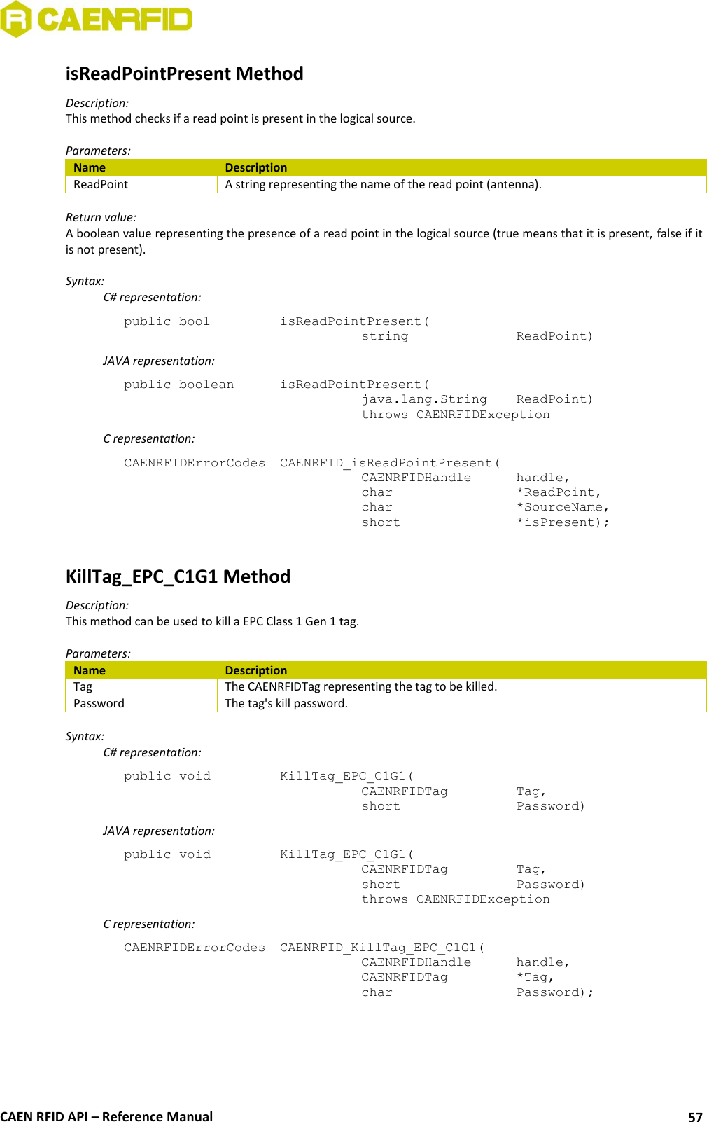  CAEN RFID API – Reference Manual 57 isReadPointPresent Method Description: This method checks if a read point is present in the logical source.  Parameters: Name Description ReadPoint A string representing the name of the read point (antenna).  Return value: A boolean value representing the presence of a read point in the logical source (true means that it is present, false if it is not present).  Syntax:   C# representation: public bool   isReadPointPresent(   string     ReadPoint)   JAVA representation: public boolean   isReadPointPresent(   java.lang.String   ReadPoint)   throws CAENRFIDException   C representation: CAENRFIDErrorCodes  CAENRFID_isReadPointPresent(   CAENRFIDHandle   handle,   char       *ReadPoint,   char       *SourceName,   short      *isPresent);  KillTag_EPC_C1G1 Method Description: This method can be used to kill a EPC Class 1 Gen 1 tag.  Parameters: Name Description Tag The CAENRFIDTag representing the tag to be killed. Password The tag&apos;s kill password.  Syntax:   C# representation: public void   KillTag_EPC_C1G1(   CAENRFIDTag    Tag,   short      Password)   JAVA representation: public void   KillTag_EPC_C1G1(   CAENRFIDTag    Tag,   short      Password)   throws CAENRFIDException   C representation: CAENRFIDErrorCodes  CAENRFID_KillTag_EPC_C1G1(   CAENRFIDHandle   handle,    CAENRFIDTag    *Tag,   char       Password);  