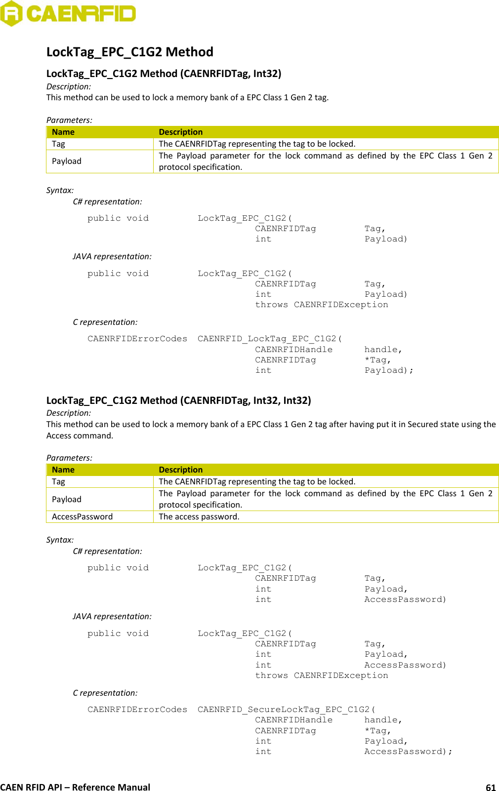  CAEN RFID API – Reference Manual 61 LockTag_EPC_C1G2 Method LockTag_EPC_C1G2 Method (CAENRFIDTag, Int32) Description: This method can be used to lock a memory bank of a EPC Class 1 Gen 2 tag.  Parameters: Name Description Tag The CAENRFIDTag representing the tag to be locked. Payload The  Payload  parameter  for  the  lock  command  as  defined  by  the  EPC  Class  1  Gen  2 protocol specification.  Syntax:   C# representation: public void   LockTag_EPC_C1G2(   CAENRFIDTag    Tag,   int       Payload)   JAVA representation: public void   LockTag_EPC_C1G2(   CAENRFIDTag    Tag,   int       Payload)   throws CAENRFIDException   C representation: CAENRFIDErrorCodes  CAENRFID_LockTag_EPC_C1G2(   CAENRFIDHandle   handle,   CAENRFIDTag    *Tag,   int       Payload);  LockTag_EPC_C1G2 Method (CAENRFIDTag, Int32, Int32) Description: This method can be used to lock a memory bank of a EPC Class 1 Gen 2 tag after having put it in Secured state using the Access command.  Parameters: Name Description Tag The CAENRFIDTag representing the tag to be locked. Payload The  Payload  parameter  for  the  lock  command  as  defined  by  the  EPC  Class  1  Gen  2 protocol specification. AccessPassword The access password.  Syntax:   C# representation: public void   LockTag_EPC_C1G2(   CAENRFIDTag    Tag,   int       Payload,   int       AccessPassword)   JAVA representation: public void   LockTag_EPC_C1G2(   CAENRFIDTag    Tag,   int       Payload,   int       AccessPassword)   throws CAENRFIDException   C representation: CAENRFIDErrorCodes  CAENRFID_SecureLockTag_EPC_C1G2(   CAENRFIDHandle   handle,   CAENRFIDTag    *Tag,   int       Payload,   int       AccessPassword); 