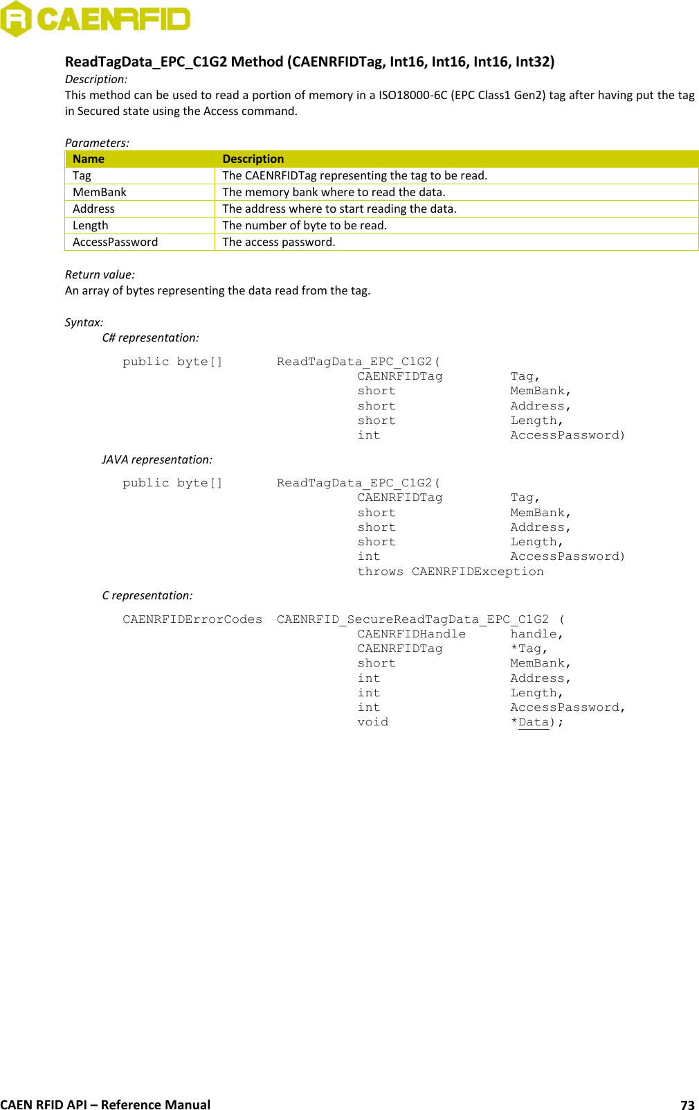  CAEN RFID API – Reference Manual 73 ReadTagData_EPC_C1G2 Method (CAENRFIDTag, Int16, Int16, Int16, Int32) Description: This method can be used to read a portion of memory in a ISO18000-6C (EPC Class1 Gen2) tag after having put the tag in Secured state using the Access command.  Parameters: Name Description Tag The CAENRFIDTag representing the tag to be read. MemBank The memory bank where to read the data. Address The address where to start reading the data. Length The number of byte to be read. AccessPassword The access password.  Return value: An array of bytes representing the data read from the tag.  Syntax:   C# representation: public byte[]   ReadTagData_EPC_C1G2(   CAENRFIDTag    Tag,   short      MemBank,   short      Address,   short      Length,   int       AccessPassword)   JAVA representation: public byte[]   ReadTagData_EPC_C1G2(   CAENRFIDTag    Tag,   short      MemBank,   short      Address,   short      Length,   int       AccessPassword)   throws CAENRFIDException   C representation: CAENRFIDErrorCodes  CAENRFID_SecureReadTagData_EPC_C1G2 (   CAENRFIDHandle   handle,   CAENRFIDTag    *Tag,   short      MemBank,   int       Address,   int       Length,   int       AccessPassword,   void       *Data);  