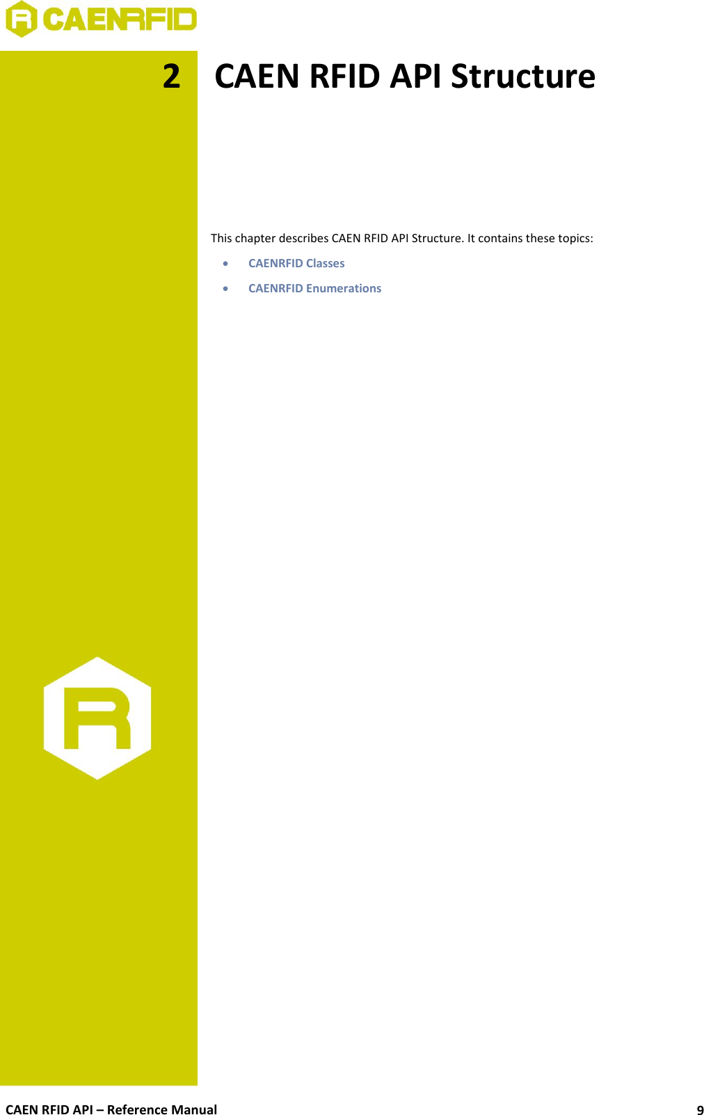  CAEN RFID API – Reference Manual 9 2 CAEN RFID API Structure      This chapter describes CAEN RFID API Structure. It contains these topics:  CAENRFID Classes  CAENRFID Enumerations  
