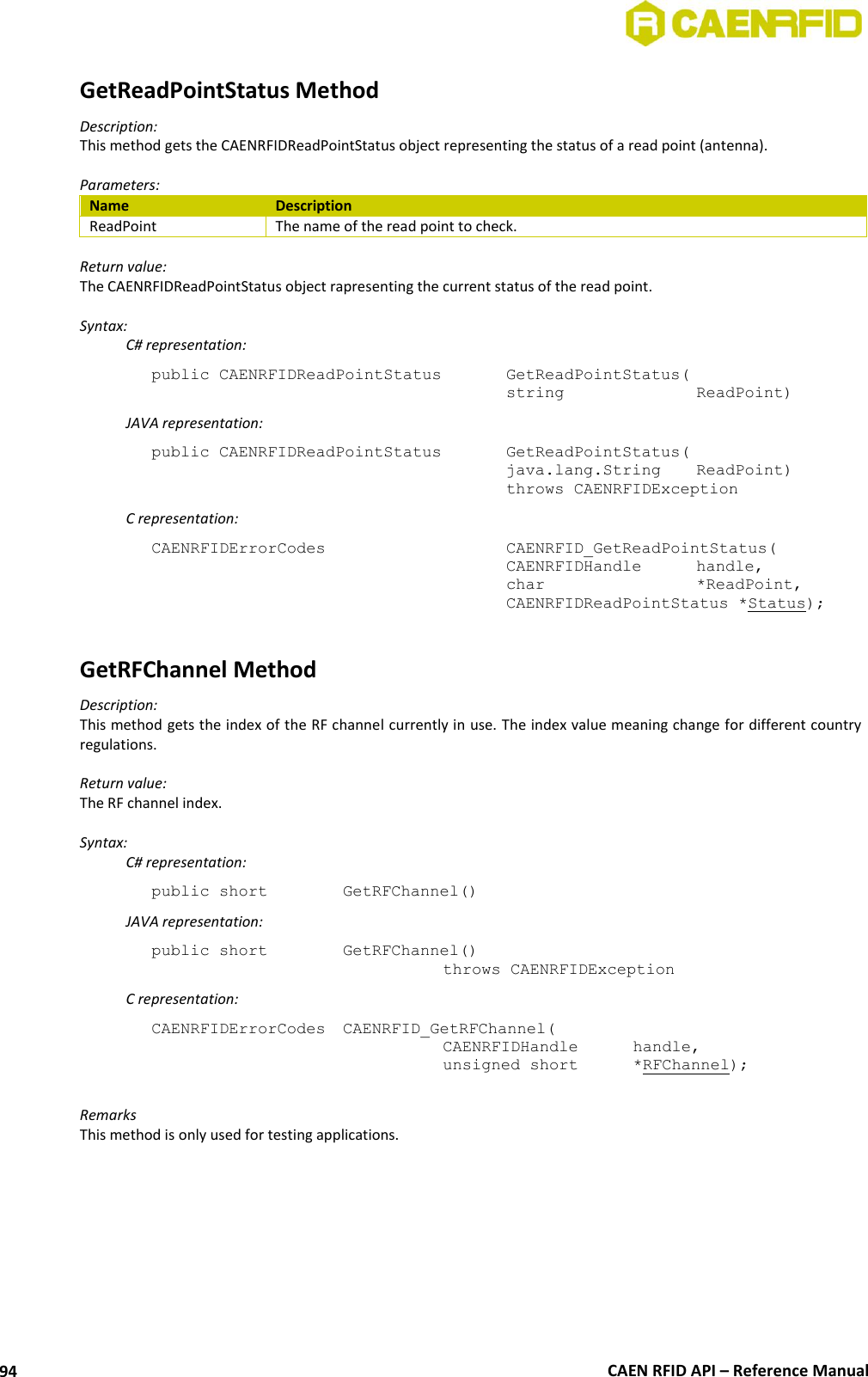  CAEN RFID API – Reference Manual 94 GetReadPointStatus Method Description: This method gets the CAENRFIDReadPointStatus object representing the status of a read point (antenna).  Parameters: Name Description ReadPoint The name of the read point to check.  Return value: The CAENRFIDReadPointStatus object rapresenting the current status of the read point.  Syntax:   C# representation: public CAENRFIDReadPointStatus   GetReadPointStatus(     string     ReadPoint)   JAVA representation: public CAENRFIDReadPointStatus   GetReadPointStatus(     java.lang.String   ReadPoint)     throws CAENRFIDException   C representation: CAENRFIDErrorCodes        CAENRFID_GetReadPointStatus(     CAENRFIDHandle   handle,     char       *ReadPoint,     CAENRFIDReadPointStatus *Status);  GetRFChannel Method Description: This method gets the index of the RF channel currently in use. The index value meaning change for different country regulations.  Return value: The RF channel index.  Syntax:   C# representation: public short   GetRFChannel()   JAVA representation: public short   GetRFChannel()   throws CAENRFIDException   C representation: CAENRFIDErrorCodes  CAENRFID_GetRFChannel(   CAENRFIDHandle   handle,   unsigned short   *RFChannel);  Remarks This method is only used for testing applications.  