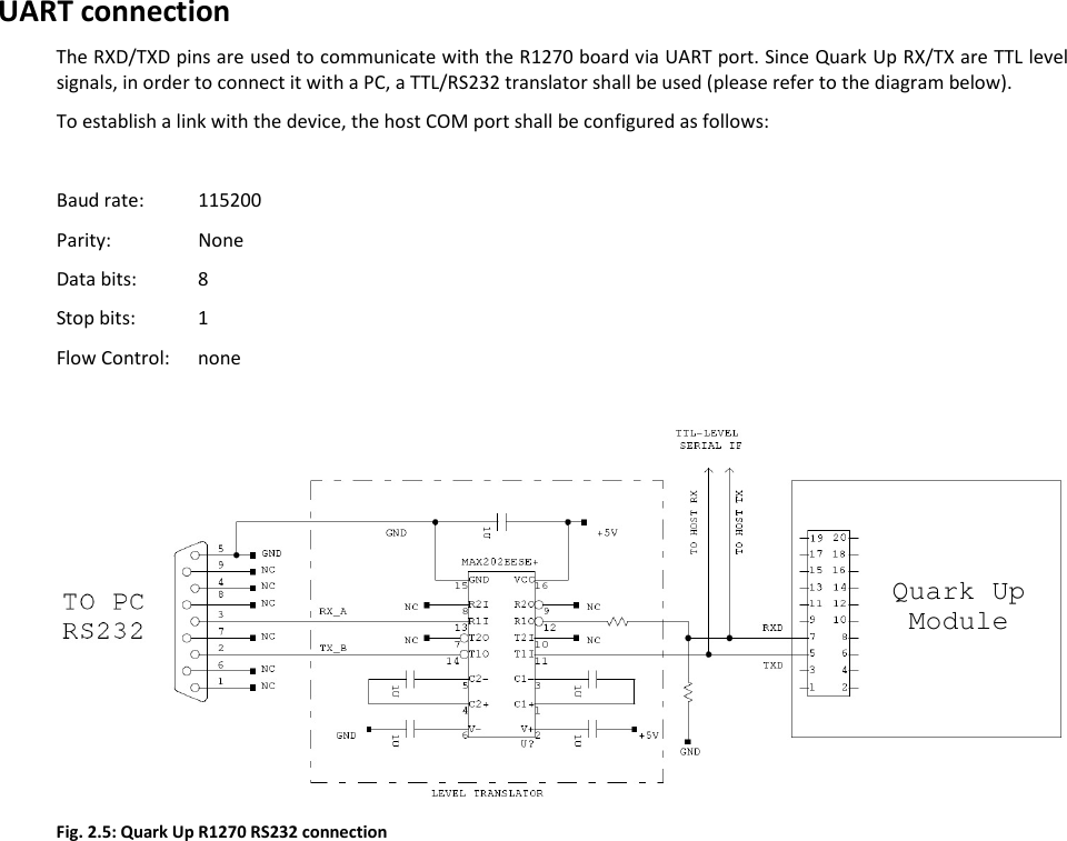  QUARK UP R1270 - Quark Up Technical Information Manual  16 UART connection  The RXD/TXD pins are used to communicate with the R1270 board via UART port. Since Quark Up RX/TX are TTL level signals, in order to connect it with a PC, a TTL/RS232 translator shall be used (please refer to the diagram below).  To establish a link with the device, the host COM port shall be configured as follows:  Baud rate:   115200 Parity:    None Data bits:   8 Stop bits:  1 Flow Control:   none   Fig. 2.5: Quark Up R1270 RS232 connection    Quark Up Module 