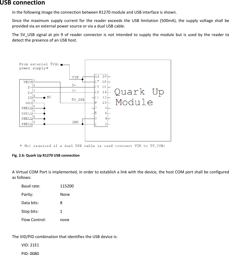  QUARK UP R1270 - Quark Up Technical Information Manual  17 USB connection  In the following image the connection between R1270 module and USB interface is shown. Since  the  maximum  supply  current  for  the  reader  exceeds  the  USB  limitation  (500mA),  the  supply  voltage  shall  be provided via an external power source or via a dual USB cable.  The  5V_USB  signal  at  pin  9  of  reader  connector  is  not  intended  to  supply  the  module  but  is  used  by  the  reader  to detect the presence of an USB host.   Fig. 2.6: Quark Up R1270 USB connection  A Virtual COM Port is implemented, in order to establish a link with the device, the host COM port shall be configured as follows: Baud rate:    115200 Parity:     None Data bits:     8 Stop bits:    1 Flow Control:   none  The VID/PID combination that identifies the USB device is: VID: 21E1 PID: 0080          