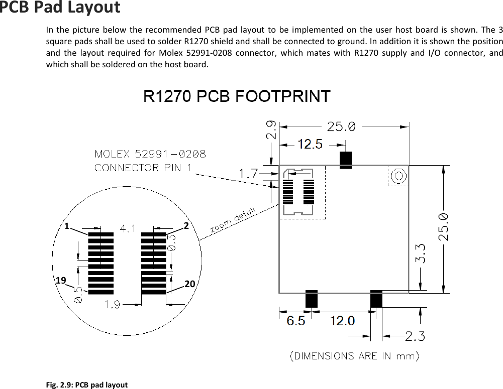  QUARK UP R1270 - Quark Up Technical Information Manual  22 PCB Pad Layout In the picture  below the recommended  PCB  pad layout  to  be implemented  on  the  user  host  board is  shown.  The 3 square pads shall be used to solder R1270 shield and shall be connected to ground. In addition it is shown the position and  the  layout  required  for  Molex  52991-0208  connector,  which  mates  with  R1270  supply  and  I/O  connector,  and which shall be soldered on the host board.  Fig. 2.9: PCB pad layout  1 19 2 20 