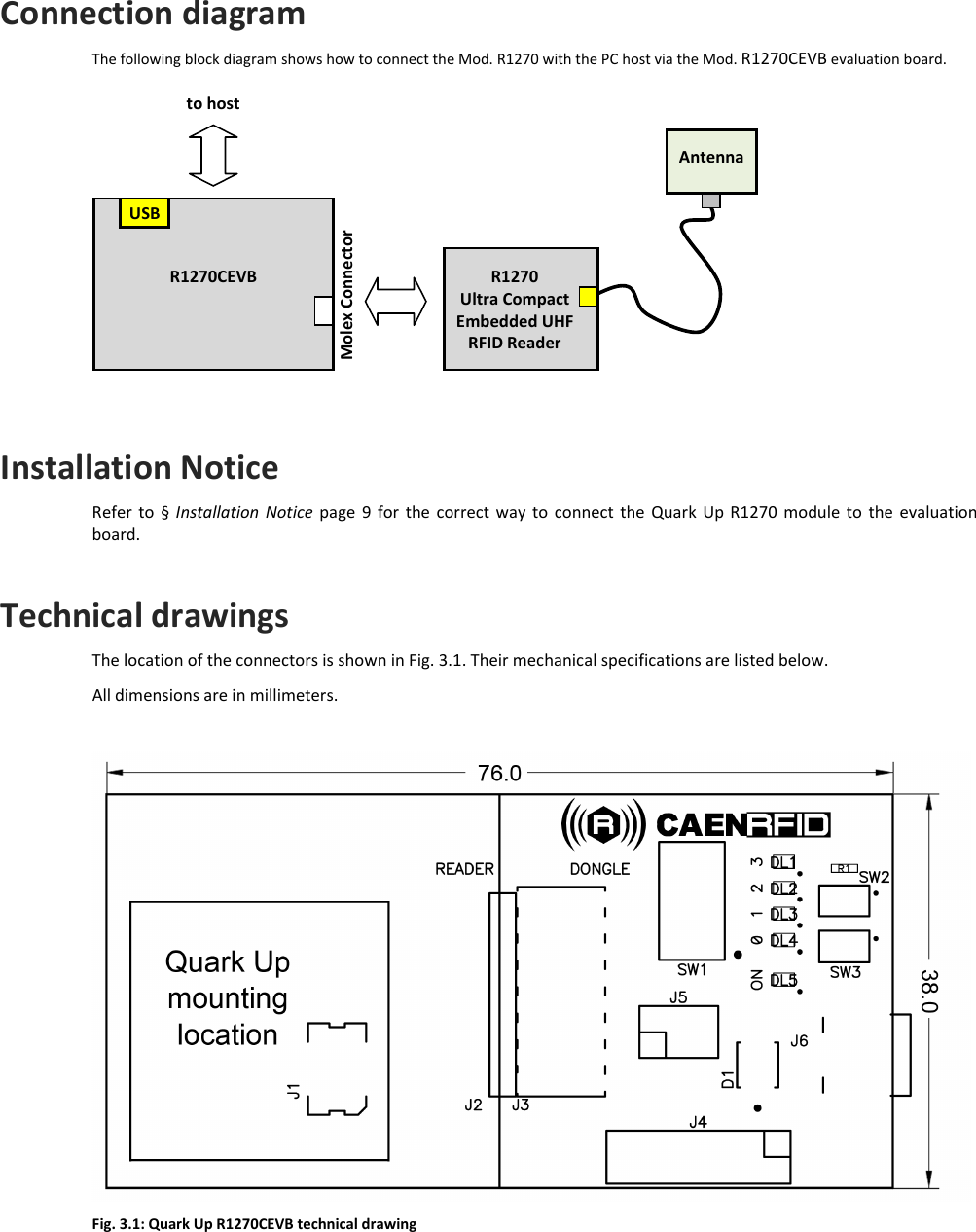  QUARK UP R1270CEVB - Quark Up Technical Information Manual  24 Connection diagram The following block diagram shows how to connect the Mod. R1270 with the PC host via the Mod. R1270CEVB evaluation board.      Installation Notice Refer  to  §  Installation Notice  page 9  for  the  correct way  to  connect the  Quark  Up  R1270  module  to  the  evaluation board.  Technical drawings The location of the connectors is shown in Fig. 3.1. Their mechanical specifications are listed below. All dimensions are in millimeters.   Fig. 3.1: Quark Up R1270CEVB technical drawing  Antenna  USB R1270CEVB  Molex Connector R1270  Ultra Compact Embedded UHF RFID Reader  to host 