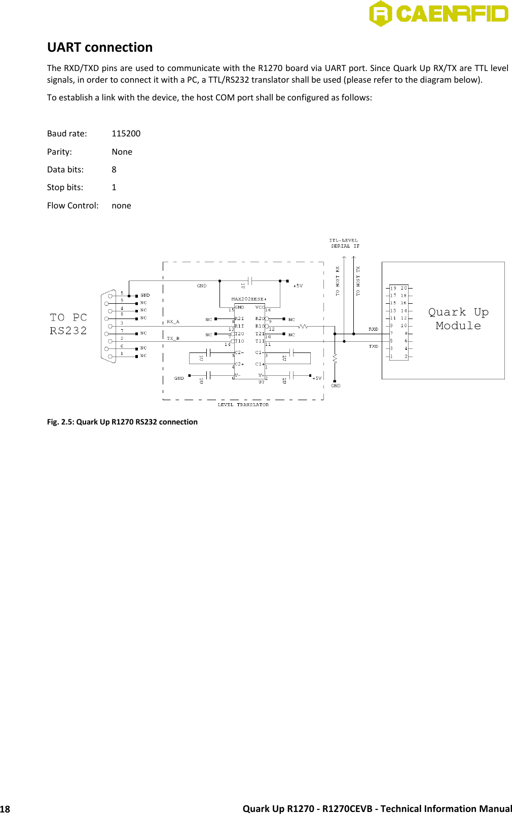  Quark Up R1270 - R1270CEVB - Technical Information Manual 18 UART connection  The RXD/TXD pins are used to communicate with the R1270 board via UART port. Since Quark Up RX/TX are TTL level signals, in order to connect it with a PC, a TTL/RS232 translator shall be used (please refer to the diagram below).  To establish a link with the device, the host COM port shall be configured as follows:  Baud rate:   115200 Parity:    None Data bits:   8 Stop bits:  1 Flow Control:   none   Fig. 2.5: Quark Up R1270 RS232 connection    Quark Up Module 