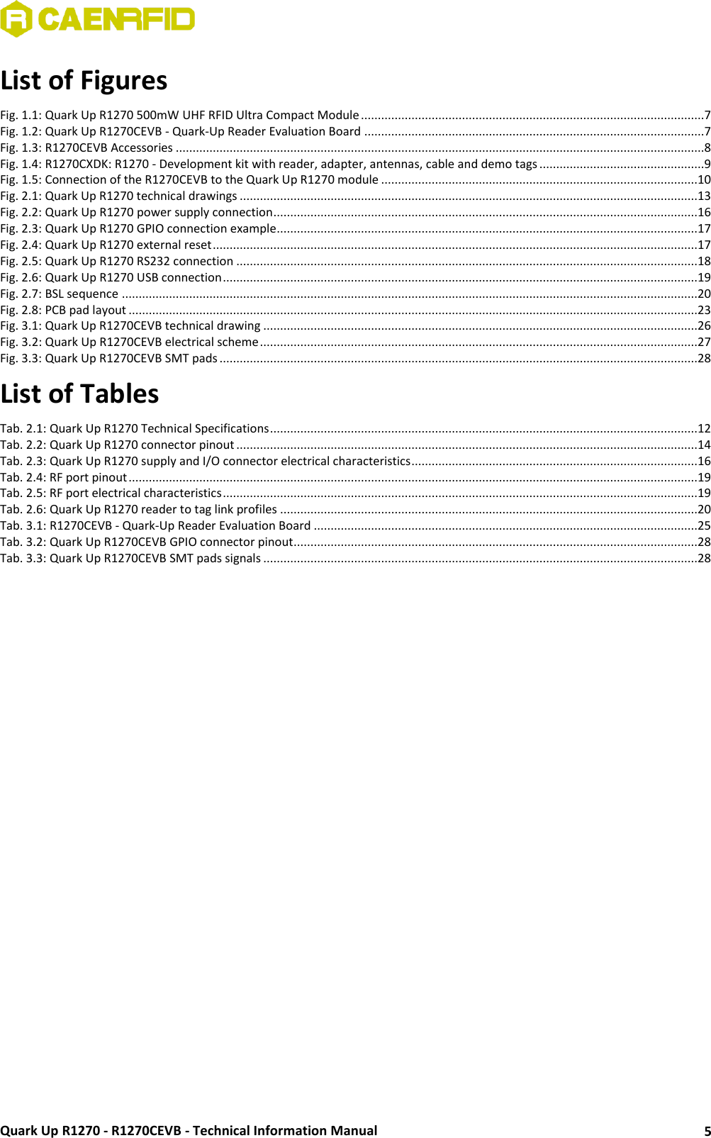  Quark Up R1270 - R1270CEVB - Technical Information Manual 5 List of Figures Fig. 1.1: Quark Up R1270 500mW UHF RFID Ultra Compact Module ......................................................................................................7 Fig. 1.2: Quark Up R1270CEVB - Quark-Up Reader Evaluation Board .....................................................................................................7 Fig. 1.3: R1270CEVB Accessories .............................................................................................................................................................8 Fig. 1.4: R1270CXDK: R1270 - Development kit with reader, adapter, antennas, cable and demo tags .................................................9 Fig. 1.5: Connection of the R1270CEVB to the Quark Up R1270 module ..............................................................................................10 Fig. 2.1: Quark Up R1270 technical drawings ........................................................................................................................................13 Fig. 2.2: Quark Up R1270 power supply connection ..............................................................................................................................16 Fig. 2.3: Quark Up R1270 GPIO connection example.............................................................................................................................17 Fig. 2.4: Quark Up R1270 external reset ................................................................................................................................................17 Fig. 2.5: Quark Up R1270 RS232 connection .........................................................................................................................................18 Fig. 2.6: Quark Up R1270 USB connection .............................................................................................................................................19 Fig. 2.7: BSL sequence ...........................................................................................................................................................................20 Fig. 2.8: PCB pad layout .........................................................................................................................................................................23 Fig. 3.1: Quark Up R1270CEVB technical drawing .................................................................................................................................26 Fig. 3.2: Quark Up R1270CEVB electrical scheme ..................................................................................................................................27 Fig. 3.3: Quark Up R1270CEVB SMT pads ..............................................................................................................................................28 List of Tables Tab. 2.1: Quark Up R1270 Technical Specifications ...............................................................................................................................12 Tab. 2.2: Quark Up R1270 connector pinout .........................................................................................................................................14 Tab. 2.3: Quark Up R1270 supply and I/O connector electrical characteristics .....................................................................................16 Tab. 2.4: RF port pinout .........................................................................................................................................................................19 Tab. 2.5: RF port electrical characteristics .............................................................................................................................................19 Tab. 2.6: Quark Up R1270 reader to tag link profiles ............................................................................................................................20 Tab. 3.1: R1270CEVB - Quark-Up Reader Evaluation Board ..................................................................................................................25 Tab. 3.2: Quark Up R1270CEVB GPIO connector pinout ........................................................................................................................28 Tab. 3.3: Quark Up R1270CEVB SMT pads signals .................................................................................................................................28  