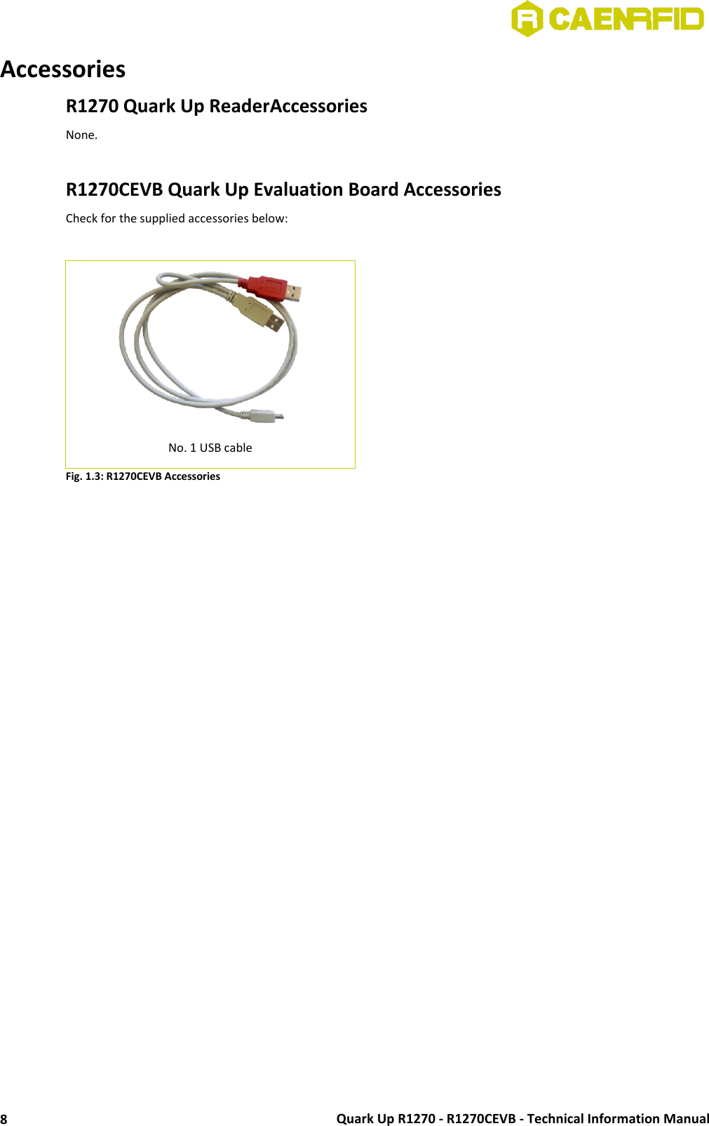  Quark Up R1270 - R1270CEVB - Technical Information Manual 8 Accessories R1270 Quark Up ReaderAccessories None.  R1270CEVB Quark Up Evaluation Board Accessories Check for the supplied accessories below:   No. 1 USB cable Fig. 1.3: R1270CEVB Accessories  