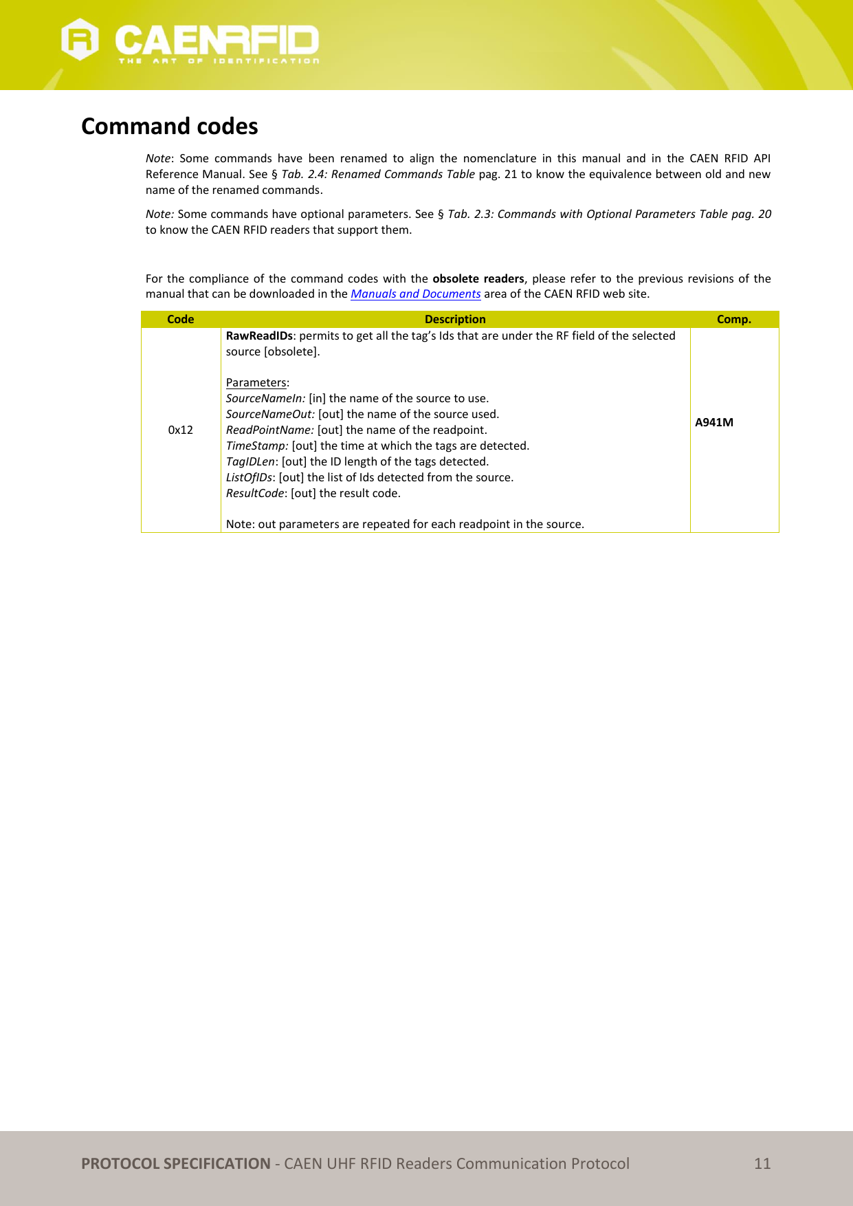   PROTOCOL SPECIFICATION - CAEN UHF RFID Readers Communication Protocol 11 Command codes Note:  Some  commands  have  been  renamed  to  align  the  nomenclature  in  this  manual  and  in  the  CAEN  RFID  API Reference Manual. See § Tab. 2.4: Renamed Commands Table pag. 21 to know the equivalence between old and new name of the renamed commands. Note: Some commands have optional parameters. See § Tab. 2.3: Commands with Optional Parameters Table pag. 20 to know the CAEN RFID readers that support them.  For  the  compliance  of  the  command  codes  with  the  obsolete  readers,  please refer  to  the  previous  revisions  of  the manual that can be downloaded in the Manuals and Documents area of the CAEN RFID web site.  Code Description Comp. 0x12 RawReadIDs: permits to get all the tag’s Ids that are under the RF field of the selected source [obsolete].  Parameters: SourceNameIn: [in] the name of the source to use. SourceNameOut: [out] the name of the source used. ReadPointName: [out] the name of the readpoint. TimeStamp: [out] the time at which the tags are detected. TagIDLen: [out] the ID length of the tags detected. ListOfIDs: [out] the list of Ids detected from the source. ResultCode: [out] the result code.  Note: out parameters are repeated for each readpoint in the source. A941M  