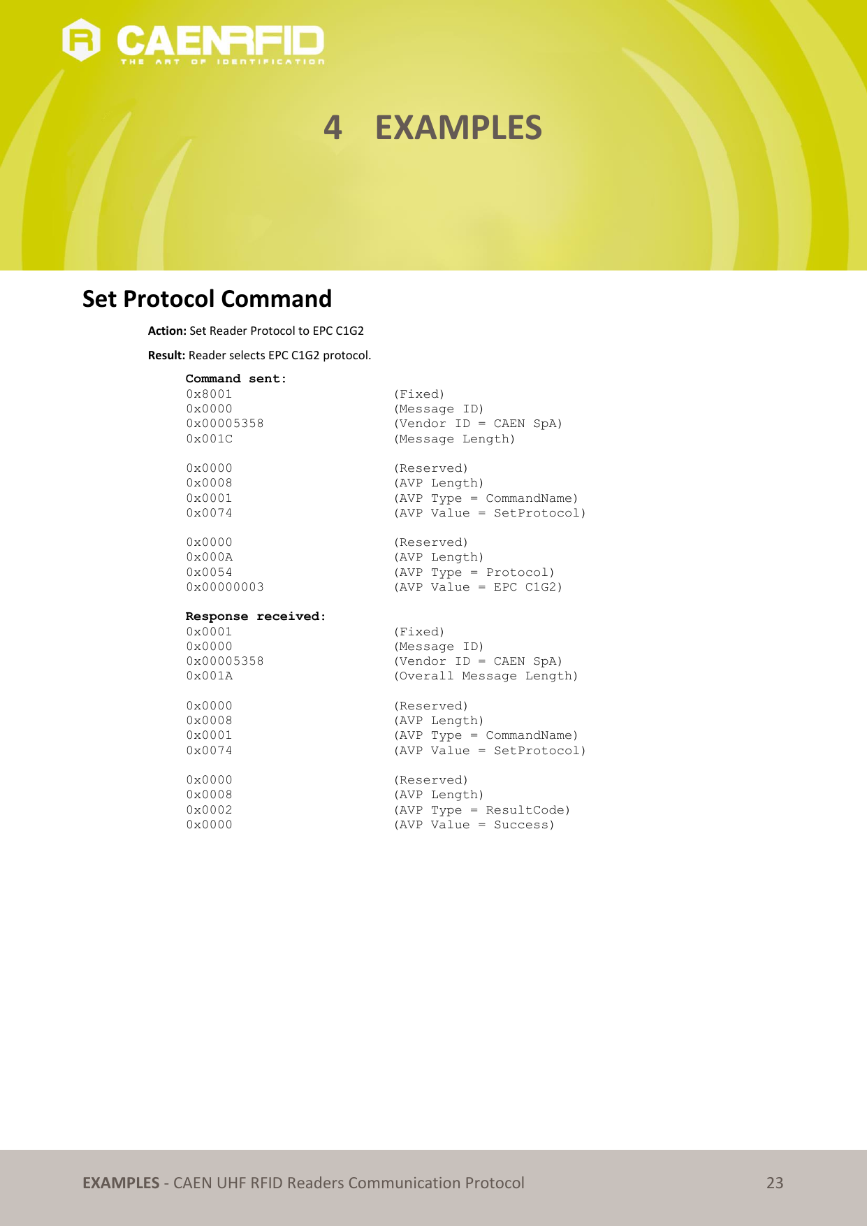   EXAMPLES - CAEN UHF RFID Readers Communication Protocol 23 4 EXAMPLES      Set Protocol Command  Action: Set Reader Protocol to EPC C1G2 Result: Reader selects EPC C1G2 protocol. Command sent: 0x8001      (Fixed) 0x0000      (Message ID) 0x00005358       (Vendor ID = CAEN SpA) 0x001C      (Message Length)  0x0000      (Reserved) 0x0008      (AVP Length) 0x0001      (AVP Type = CommandName) 0x0074      (AVP Value = SetProtocol)  0x0000      (Reserved) 0x000A      (AVP Length) 0x0054      (AVP Type = Protocol) 0x00000003      (AVP Value = EPC C1G2)  Response received: 0x0001      (Fixed) 0x0000      (Message ID) 0x00005358      (Vendor ID = CAEN SpA) 0x001A      (Overall Message Length)  0x0000      (Reserved) 0x0008      (AVP Length) 0x0001      (AVP Type = CommandName) 0x0074      (AVP Value = SetProtocol)  0x0000      (Reserved) 0x0008      (AVP Length) 0x0002      (AVP Type = ResultCode) 0x0000      (AVP Value = Success) 