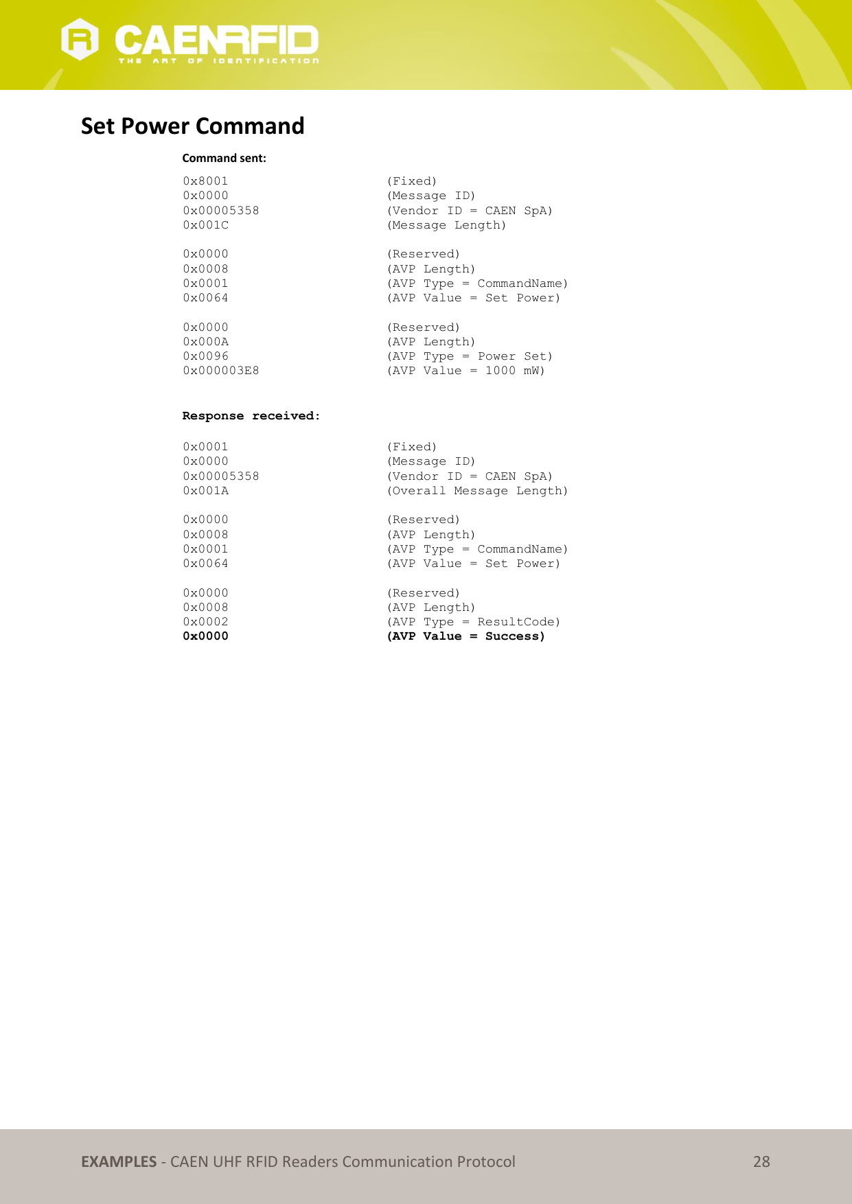   EXAMPLES - CAEN UHF RFID Readers Communication Protocol 28 Set Power Command     Command sent: 0x8001      (Fixed) 0x0000      (Message ID) 0x00005358      (Vendor ID = CAEN SpA) 0x001C      (Message Length)   0x0000      (Reserved) 0x0008      (AVP Length) 0x0001      (AVP Type = CommandName) 0x0064      (AVP Value = Set Power)   0x0000      (Reserved) 0x000A      (AVP Length) 0x0096      (AVP Type = Power Set) 0x000003E8      (AVP Value = 1000 mW)   Response received:  0x0001      (Fixed) 0x0000      (Message ID) 0x00005358      (Vendor ID = CAEN SpA) 0x001A      (Overall Message Length)  0x0000      (Reserved) 0x0008      (AVP Length) 0x0001      (AVP Type = CommandName) 0x0064      (AVP Value = Set Power)  0x0000      (Reserved) 0x0008      (AVP Length) 0x0002      (AVP Type = ResultCode) 0x0000      (AVP Value = Success) 