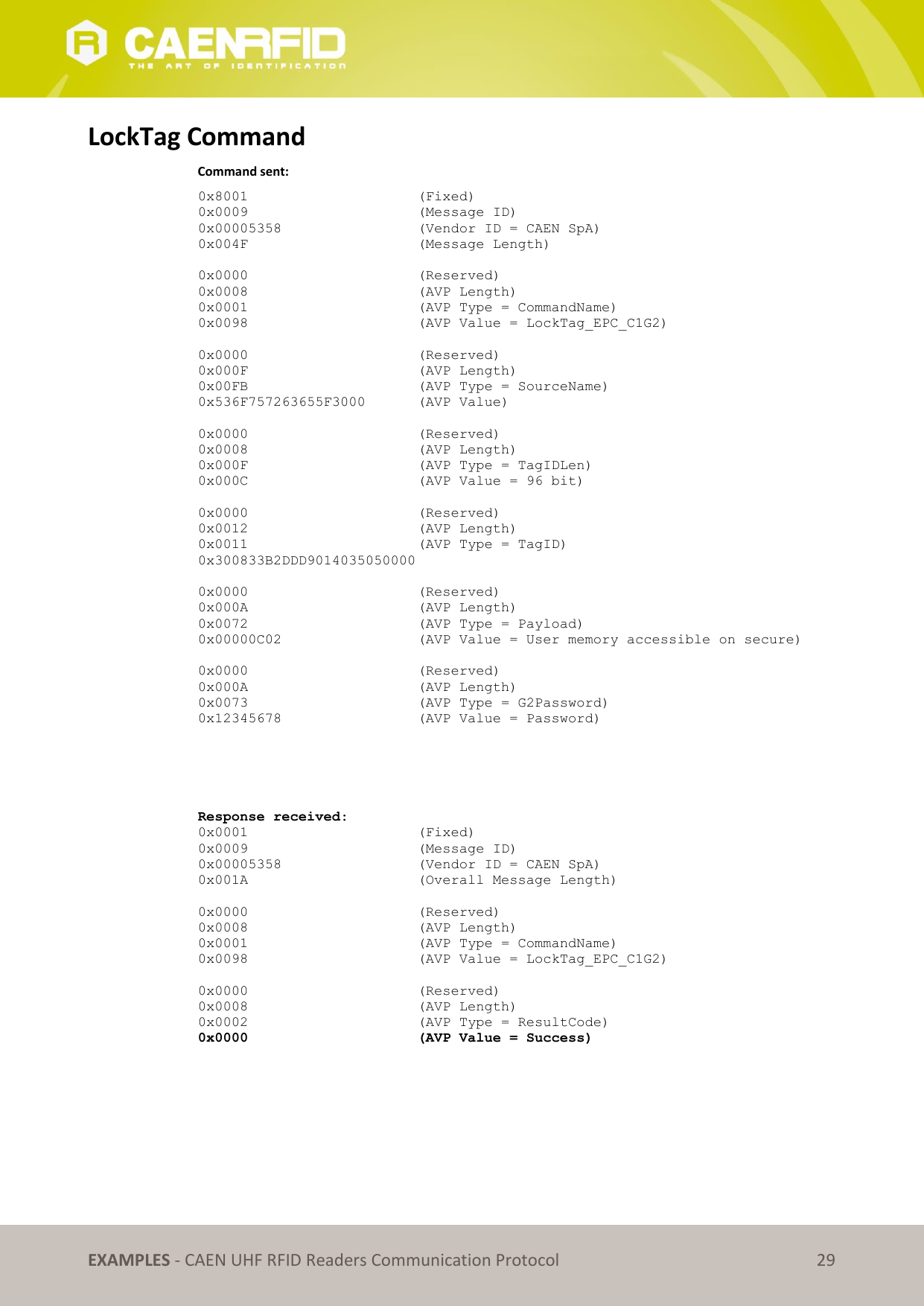   EXAMPLES - CAEN UHF RFID Readers Communication Protocol 29 LockTag Command     Command sent: 0x8001      (Fixed) 0x0009      (Message ID) 0x00005358      (Vendor ID = CAEN SpA) 0x004F      (Message Length)   0x0000      (Reserved) 0x0008      (AVP Length) 0x0001      (AVP Type = CommandName) 0x0098      (AVP Value = LockTag_EPC_C1G2)   0x0000      (Reserved) 0x000F      (AVP Length) 0x00FB      (AVP Type = SourceName) 0x536F757263655F3000  (AVP Value)  0x0000      (Reserved) 0x0008      (AVP Length) 0x000F      (AVP Type = TagIDLen) 0x000C      (AVP Value = 96 bit)  0x0000      (Reserved) 0x0012      (AVP Length) 0x0011      (AVP Type = TagID) 0x300833B2DDD9014035050000  0x0000      (Reserved) 0x000A      (AVP Length) 0x0072      (AVP Type = Payload) 0x00000C02      (AVP Value = User memory accessible on secure)  0x0000      (Reserved) 0x000A      (AVP Length) 0x0073      (AVP Type = G2Password)     0x12345678      (AVP Value = Password)      Response received: 0x0001      (Fixed) 0x0009      (Message ID) 0x00005358      (Vendor ID = CAEN SpA) 0x001A      (Overall Message Length)  0x0000      (Reserved) 0x0008      (AVP Length) 0x0001      (AVP Type = CommandName) 0x0098      (AVP Value = LockTag_EPC_C1G2)  0x0000      (Reserved) 0x0008      (AVP Length) 0x0002      (AVP Type = ResultCode) 0x0000      (AVP Value = Success) 