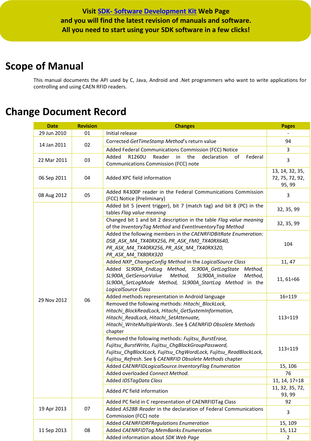  Visit SDK- Software Development Kit Web Page  and you will find the latest revision of manuals and software. All you need to start using your SDK software in a few clicks!   Scope of Manual This manual documents  the  API  used  by C,  Java,  Android and  .Net  programmers  who want  to  write applications for controlling and using CAEN RFID readers.  Change Document Record Date Revision Changes Pages 29 Jun 2010 01 Initial release - 14 Jan 2011 02 Corrected GetTimeStamp Method’s return value 94 Added Federal Communications Commission (FCC) Notice 3 22 Mar 2011 03 Added  R1260U  Reader  in  the  declaration  of  Federal Communications Commission (FCC) note 3 06 Sep 2011 04 Added XPC field information 13, 14, 32, 35, 72, 75, 72, 92, 95, 99 08 Aug 2012 05 Added  R4300P  reader  in  the  Federal  Communications  Commission (FCC) Notice (Preliminary) 3 29 Nov 2012 06 Added  bit  5  (event trigger),  bit  7  (match  tag)  and  bit  8  (PC)  in  the tables Flag value meaning  32, 35, 99 Changed bit 1 and bit 2 description in the table Flag value meaning of the InventoryTag Method and EventInventoryTag Method 32, 35, 99 Added the following members in the CAENRFIDBitRate Enumeration:  DSB_ASK_M4_TX40RX256, PR_ASK_FM0_TX40RX640, PR_ASK_M4_TX40RX256, PR_ASK_M4_TX40RX320, PR_ASK_M4_TX80RX320 104 Added NXP_ChangeConfig Method in the LogicalSource Class 11, 47 Added  SL900A_EndLog  Method,  SL900A_GetLogState  Method, SL900A_GetSensorValue  Method,  SL900A_Initialize  Method, SL900A_SetLogMode  Method,  SL900A_StartLog  Method  in  the LogicalSource Class 11, 61÷66 Added methods representation in Android language 16÷119 Removed the following methods: Hitachi_BlockLock, Hitachi_BlockReadLock, Hitachi_GetSystemInformation, Hitachi_ReadLock, Hitachi_SetAttenuate, Hitachi_WriteMultipleWords . See § CAENRFID Obsolete Methods chapter 113÷119 Removed the following methods: Fujitsu_BurstErase, Fujitsu_BurstWrite, Fujitsu_ChgBlockGroupPassword, Fujitsu_ChgBlockLock, Fujitsu_ChgWordLock, Fujitsu_ReadBlockLock, Fujitsu_Refresh. See § CAENRFID Obsolete Methods chapter 113÷119 Added CAENRFIDLogicalSource.InventoryFlag Enumeration 15, 106 Added overloaded Connect Method. 76 Added IDSTagData Class 11, 14, 17÷18 Added PC field information 11, 32, 35, 72, 93, 99 19 Apr 2013 07 Added PC field in C representation of CAENRFIDTag Class 92 Added A528B Reader in the declaration of Federal Communications Commission (FCC) note 3 11 Sep 2013 08 Added CAENRFIDRFRegulations Enumeration 15, 109 Added CAENRFIDTag.MemBanks Enumeration 15, 112 Added information about SDK Web Page 2 