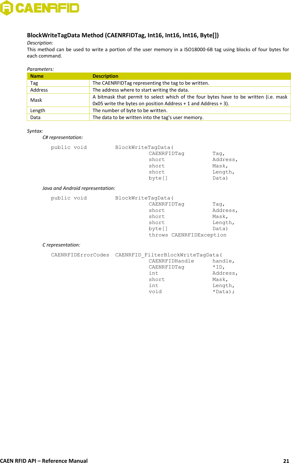  CAEN RFID API – Reference Manual 21  BlockWriteTagData Method (CAENRFIDTag, Int16, Int16, Int16, Byte[]) Description: This method can be used to write a portion of the user memory in a ISO18000-6B  tag using blocks of four bytes for each command.  Parameters: Name Description Tag The CAENRFIDTag representing the tag to be written. Address The address where to start writing the data. Mask A  bitmask  that  permit  to  select  which  of  the  four  bytes  have  to  be  written  (i.e.  mask 0x05 write the bytes on position Address + 1 and Address + 3). Length The number of byte to be written. Data The data to be written into the tag&apos;s user memory.  Syntax:   C# representation: public void   BlockWriteTagData(   CAENRFIDTag    Tag,   short      Address,   short      Mask,   short      Length,   byte[]     Data)   Java and Android representation: public void   BlockWriteTagData(   CAENRFIDTag    Tag,   short      Address,   short      Mask,   short      Length,   byte[]     Data)   throws CAENRFIDException   C representation: CAENRFIDErrorCodes  CAENRFID_FilterBlockWriteTagData(   CAENRFIDHandle   handle,   CAENRFIDTag    *ID,   int       Address,   short      Mask,   int       Length,   void       *Data);  