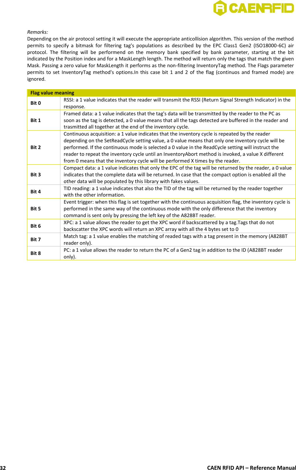  CAEN RFID API – Reference Manual 32  Remarks: Depending on the air protocol setting it will execute the appropriate anticollision algorithm. This version of the method permits  to  specify  a  bitmask  for  filtering  tag&apos;s  populations  as  described  by  the  EPC  Class1  Gen2  (ISO18000-6C)  air protocol.  The  filtering  will  be  performend  on  the  memory  bank  specified  by  bank  parameter,  starting  at  the  bit indicated by the Position index and for a MaskLength length. The method will return only the tags that match the given Mask. Passing a zero value for MaskLength it performs as the non-filtering InventoryTag method. The Flags parameter permits  to  set  InventoryTag  method&apos;s  options.In  this  case  bit  1  and  2  of  the  flag  (continuos  and  framed  mode)  are ignored.  Flag value meaning Bit 0 RSSI: a 1 value indicates that the reader will transmit the RSSI (Return Signal Strength Indicator) in the response. Bit 1 Framed data: a 1 value indicates that the tag&apos;s data will be transmitted by the reader to the PC as soon as the tag is detected, a 0 value means that all the tags detected are buffered in the reader and trasmitted all together at the end of the inventory cycle. Bit 2 Continuous acquisition: a 1 value indicates that the inventory cycle is repeated by the reader depending on the SetReadCycle setting value, a 0 value means that only one inventory cycle will be performed. If the continuous mode is selected a 0 value in the ReadCycle setting will instruct the reader to repeat the inventory cycle until an InventoryAbort method is invoked, a value X different from 0 means that the inventory cycle will be performed X times by the reader. Bit 3 Compact data: a 1 value indicates that only the EPC of the tag will be returned by the reader, a 0 value indicates that the complete data will be returned. In case that the compact option is enabled all the other data will be populated by this library with fakes values. Bit 4 TID reading: a 1 value indicates that also the TID of the tag will be returned by the reader together with the other information. Bit 5 Event trigger: when this flag is set together with the continuous acquisition flag, the inventory cycle is performed in the same way of the continuous mode with the only difference that the inventory command is sent only by pressing the left key of the A828BT reader. Bit 6 XPC: a 1 value allows the reader to get the XPC word if backscattered by a tag.Tags that do not backscatter the XPC words will return an XPC array with all the 4 bytes set to 0 Bit 7 Match tag: a 1 value enables the matching of readed tags with a tag present in the memory (A828BT reader only).  Bit 8 PC: a 1 value allows the reader to return the PC of a Gen2 tag in addition to the ID (A828BT reader only).  