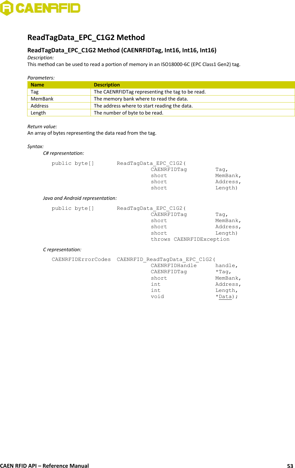  CAEN RFID API – Reference Manual 53  ReadTagData_EPC_C1G2 Method  ReadTagData_EPC_C1G2 Method (CAENRFIDTag, Int16, Int16, Int16) Description: This method can be used to read a portion of memory in an ISO18000-6C (EPC Class1 Gen2) tag.  Parameters: Name Description Tag The CAENRFIDTag representing the tag to be read. MemBank The memory bank where to read the data. Address The address where to start reading the data. Length The number of byte to be read.  Return value: An array of bytes representing the data read from the tag.  Syntax:   C# representation: public byte[]   ReadTagData_EPC_C1G2(   CAENRFIDTag    Tag,   short      MemBank,   short      Address,   short      Length)   Java and Android representation: public byte[]   ReadTagData_EPC_C1G2(   CAENRFIDTag    Tag,   short      MemBank,   short      Address,   short      Length)   throws CAENRFIDException   C representation: CAENRFIDErrorCodes  CAENRFID_ReadTagData_EPC_C1G2(   CAENRFIDHandle   handle,   CAENRFIDTag    *Tag,   short      MemBank,   int       Address,   int       Length,   void       *Data);  