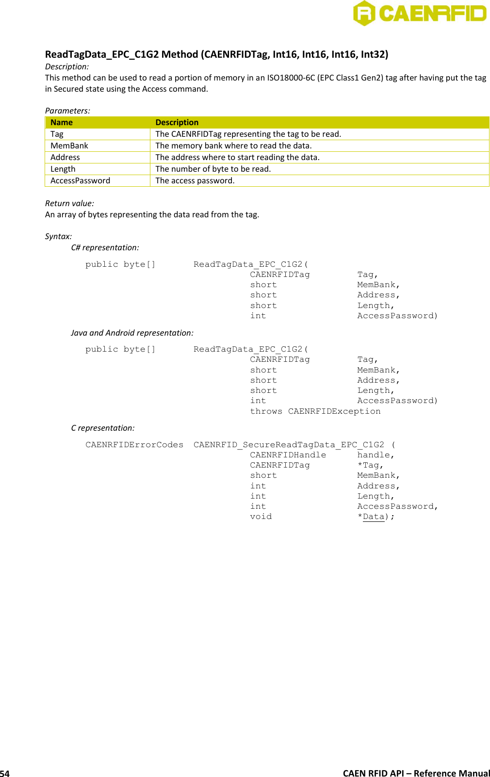  CAEN RFID API – Reference Manual 54  ReadTagData_EPC_C1G2 Method (CAENRFIDTag, Int16, Int16, Int16, Int32) Description: This method can be used to read a portion of memory in an ISO18000-6C (EPC Class1 Gen2) tag after having put the tag in Secured state using the Access command.  Parameters: Name Description Tag The CAENRFIDTag representing the tag to be read. MemBank The memory bank where to read the data. Address The address where to start reading the data. Length The number of byte to be read. AccessPassword The access password.  Return value: An array of bytes representing the data read from the tag.  Syntax:   C# representation: public byte[]   ReadTagData_EPC_C1G2(   CAENRFIDTag    Tag,   short      MemBank,   short      Address,   short      Length,   int       AccessPassword)   Java and Android representation: public byte[]   ReadTagData_EPC_C1G2(   CAENRFIDTag    Tag,   short      MemBank,   short      Address,   short      Length,   int       AccessPassword)   throws CAENRFIDException   C representation: CAENRFIDErrorCodes  CAENRFID_SecureReadTagData_EPC_C1G2 (   CAENRFIDHandle   handle,   CAENRFIDTag    *Tag,   short      MemBank,   int       Address,   int       Length,   int       AccessPassword,   void       *Data);  