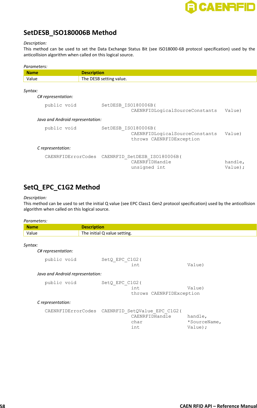  CAEN RFID API – Reference Manual 58  SetDESB_ISO180006B Method Description: This  method  can  be  used  to  set  the  Data  Exchange  Status  Bit  (see  ISO18000-6B  protocol  specification)  used  by  the anticollision algorithm when called on this logical source.  Parameters: Name Description Value The DESB setting value.  Syntax:   C# representation: public void   SetDESB_ISO180006B(   CAENRFIDLogicalSourceConstants   Value)   Java and Android representation: public void   SetDESB_ISO180006B(   CAENRFIDLogicalSourceConstants   Value)   throws CAENRFIDException   C representation: CAENRFIDErrorCodes  CAENRFID_SetDESB_ISO180006B(   CAENRFIDHandle       handle,   unsigned int        Value);  SetQ_EPC_C1G2 Method Description: This method can be used to set the initial Q value (see EPC Class1 Gen2 protocol specification) used by the anticollision algorithm when called on this logical source.  Parameters: Name Description Value The initial Q value setting.  Syntax:   C# representation: public void   SetQ_EPC_C1G2(   int       Value)   Java and Android representation: public void   SetQ_EPC_C1G2(   int       Value)   throws CAENRFIDException   C representation: CAENRFIDErrorCodes  CAENRFID_SetQValue_EPC_C1G2(   CAENRFIDHandle   handle,   char       *SourceName,   int       Value);  